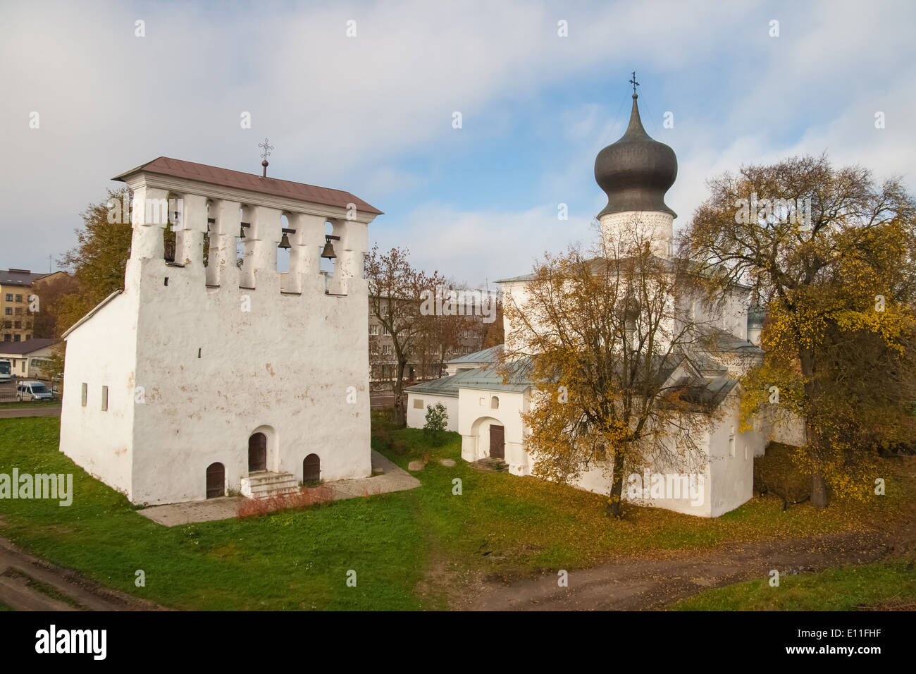 Medieval orthodox church in autumn. Pskov, Russia. Stock Photo
