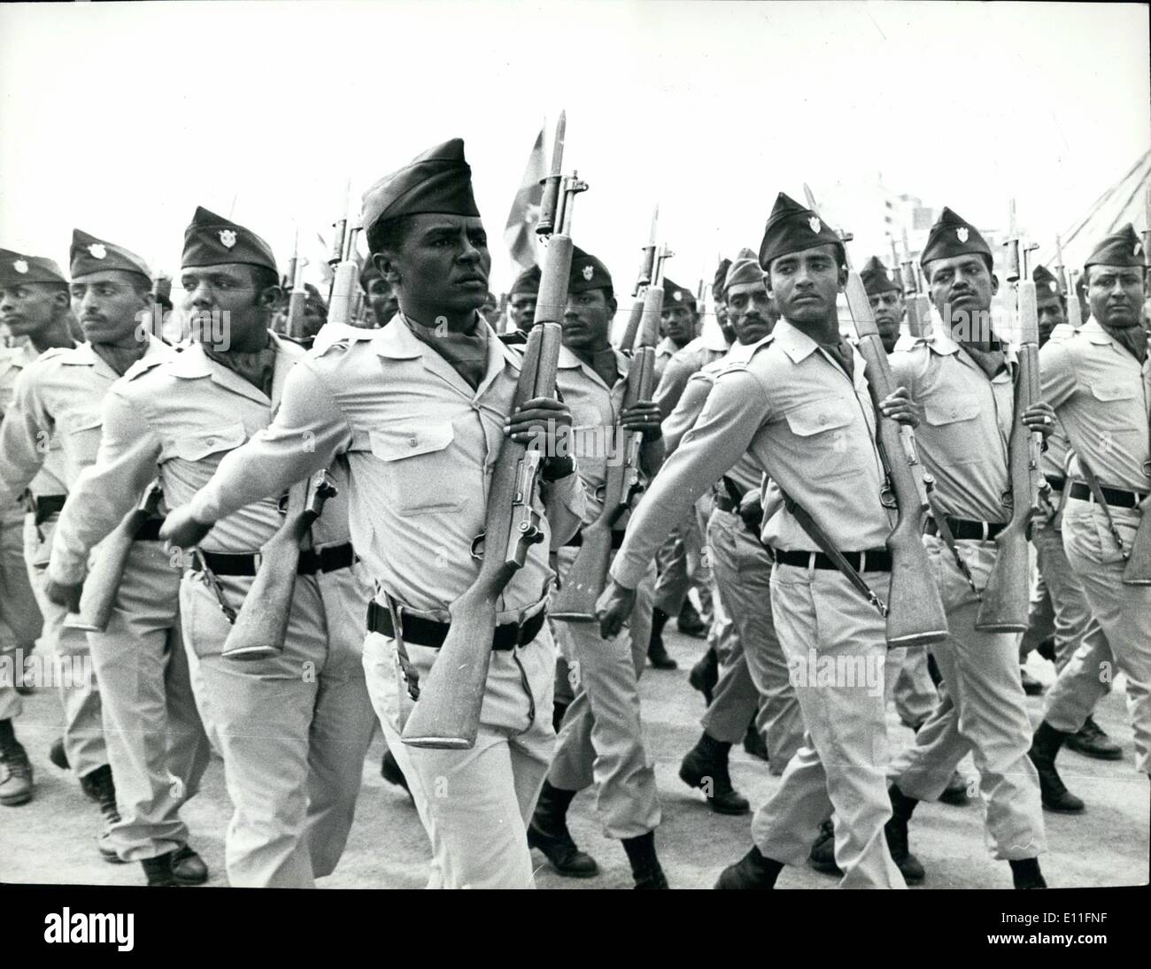 Aug. 08, 1977 - Ethiopian soldiers dressed in their new uniforms on parade in Aeddis Ababa recently. The soldiers are now fighting in the Ogaden against Somali backed guerrillas of the Western Somali Liberation front. Stock Photo