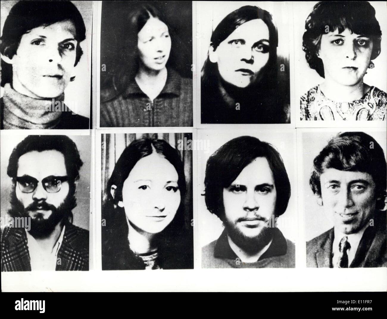 Oct. 25, 1977 - The Biggest Search In History ForThe Killers Of Dr Schleyer: On the very same night of October 19th, when the body of Hanns-Marting Schleyer was found, the FGR started the biggest search in history of Germany. Wanted are 16 terrorists in connection with the murder of Schleyer. Thousands of posters and handbills have been handed out by the police. Photo Shows: L-R Christian Klar, Elisabeth Von Dyck, Brigitte Mohnhaupt, and Silks Maier-Witt; Bottom rolf Clemens Wagner, Friedericke Krabbe, Rolf Heissler, and Joerg Lang Stock Photo