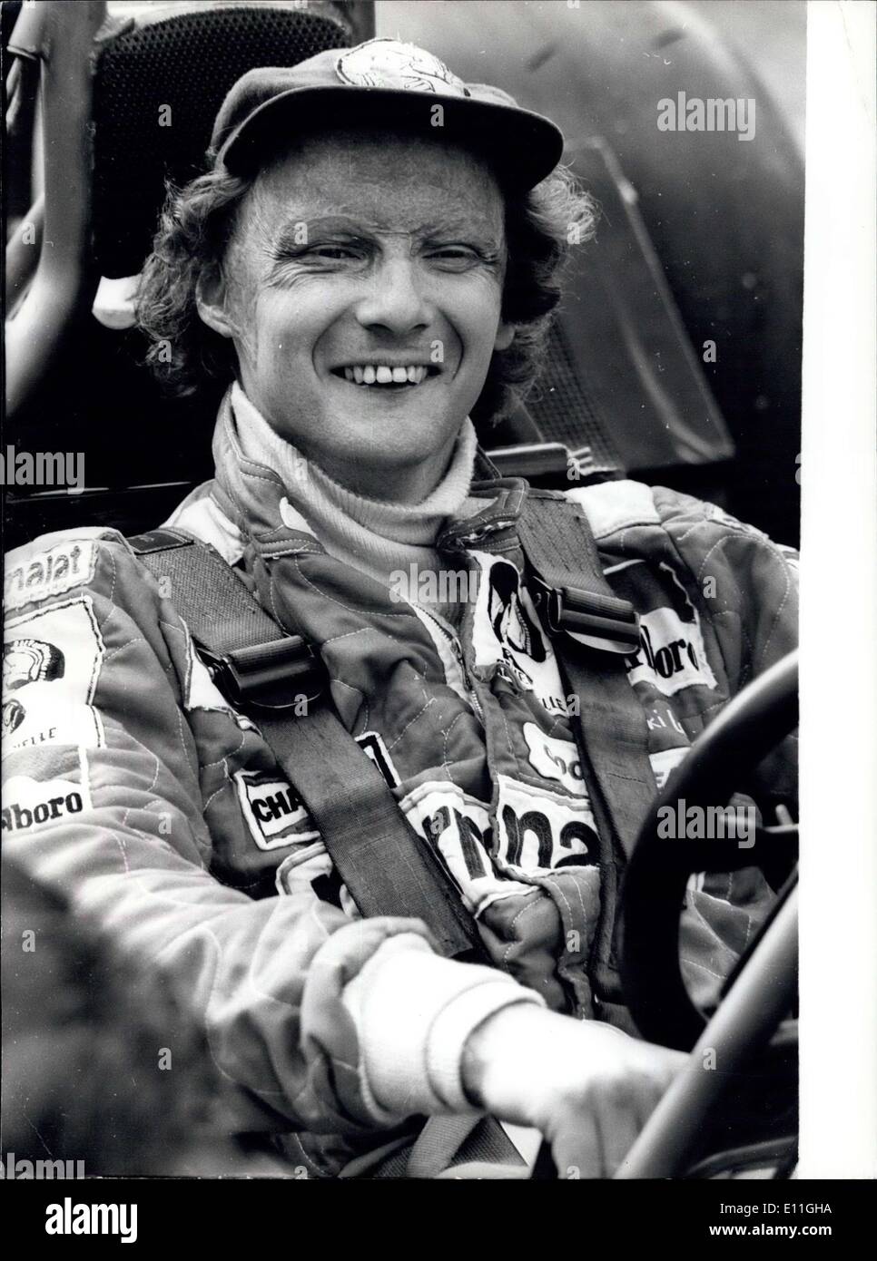 Nov. 15, 1977 - Niki Lauda Starts Trails With Brabham Alfa Romeo Car. World car racing champion Niki Laudat ried out the new BT45 12 cylinders Brabham Alfa Romeo Car today at the Vallelunga Autodrome near Rome, watched by a crowd of racing car fans. Lauda who quit Ferrari as their ace racing driver after winning the World Champion title, will now pilot Brabham Alfa Romeo Cars in next year's Formula 1 Races. Stock Photo