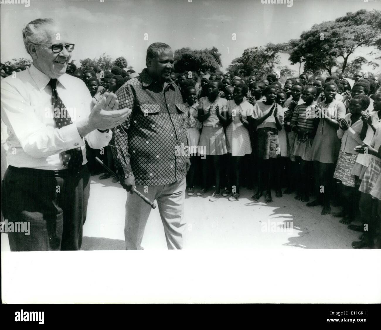 Feb. 02, 1978 - Joshua Nkomo visits refugee camp in Zambia : Zapo-leader Joshua Nkomo together with the newly elected Danish U.n. Commissioner in Zambia for refugees, former prime minister Poul Hartling, seen during a visit to a refugee camp near Lusaka showing some of the 3000 girl refugees from Rhodesia. Stock Photo