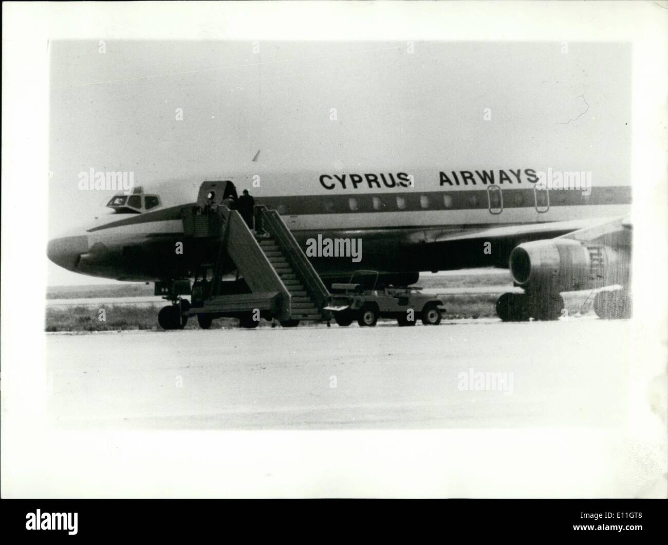 Feb. 02, 1978 - The Cyprus Airways Hijacked jet, in front of which can be seen the military jeep with the Egyptian which commandos attacked the plane.the jeep and its Occupants knocked out by a Cypriot guardsman's handgrenade. Stock Photo