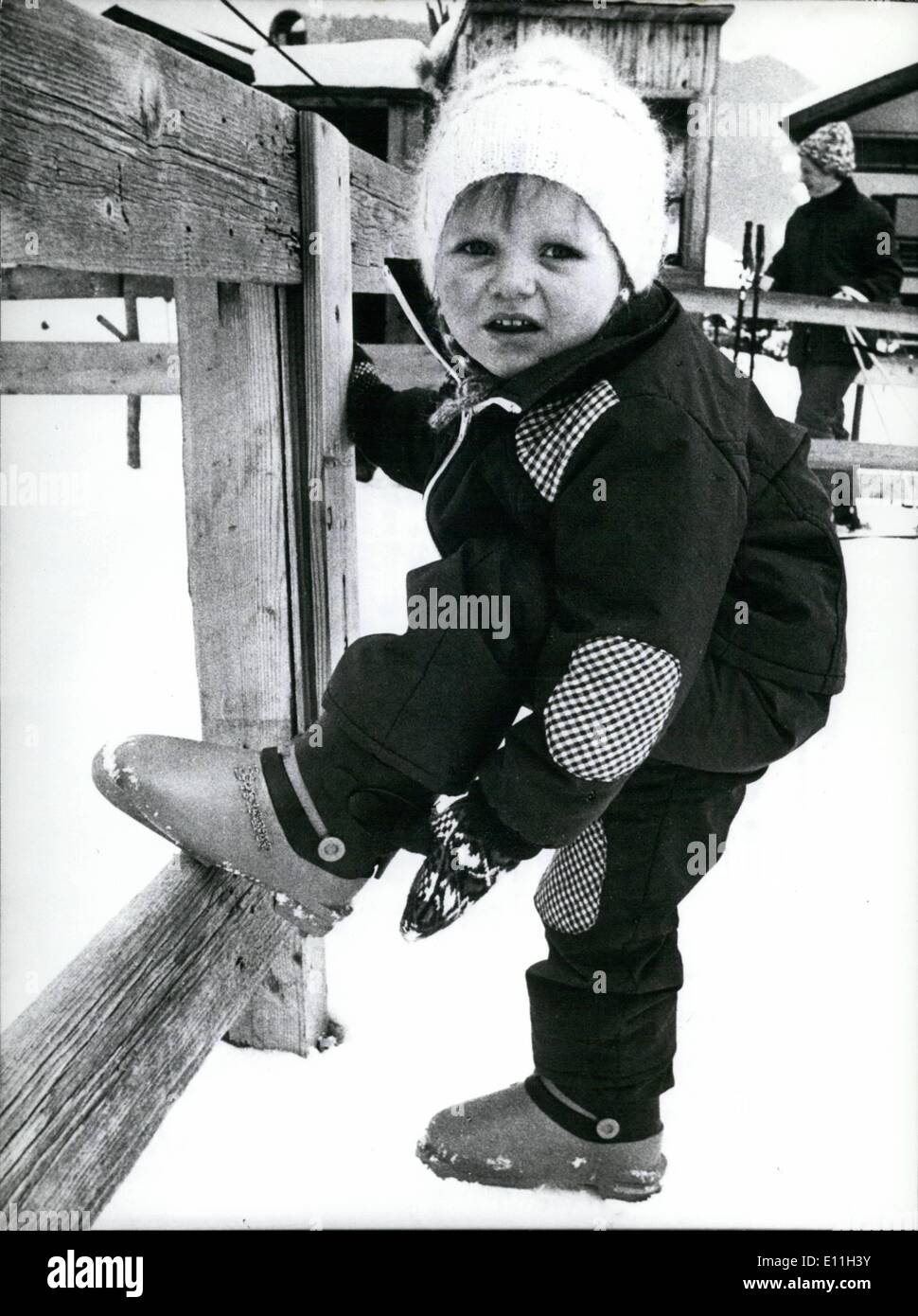 Feb. 23, 1978 - 23-26.2.1978 ''ISPO 78'' in Munich A ''mere child's play''... ... is it just for the most little ones, to pull on these modern ski boots alone, as this little (3 1/2 year old) ''ski hare'' demonstrates. ''Speedy is the name of the shoe, which now has been introduced in Munich at the ISPO 78 (9th International Sports Goods Fair). It has been the flexibility and side stability, which are demanded by orthopaedists. The very easy handling is guaranteed, for the shoe is to pull on from behind (shoehorn effect) and it has only one buckle as clasp Stock Photo