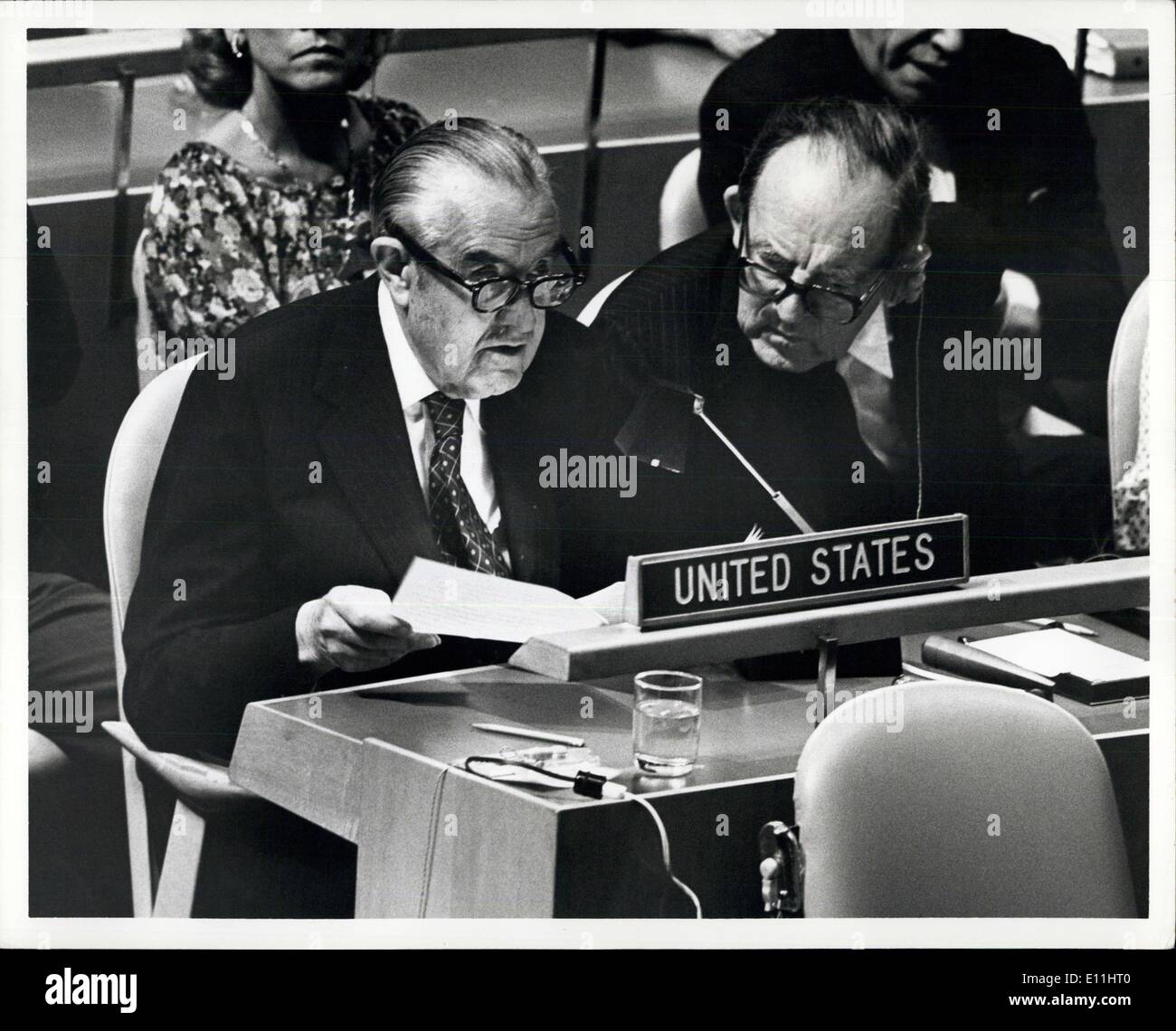 Jun. 21, 1978 - United Nations GA Special Session On Disarmament W. Averell Harriman U.S. Representative to the U.N. General Assembly Special on Disarmament Addressing the Ad Hoc Committee on the spread of Nuclear Weapons. L-R: W. Averell Harriman, Amb Adrian Fisher (Arms Control Disarmament Agency) Stock Photo