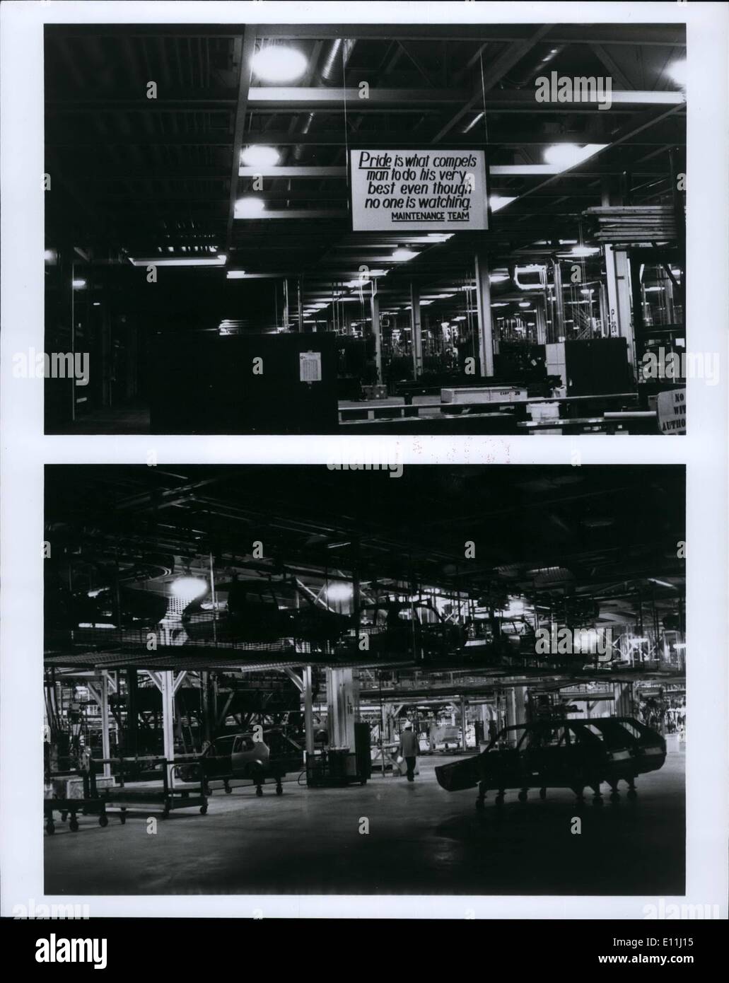 Apr. 04, 1978 - Bromount - These ''night-time'' photos were made at Volkswagen West moreland during final weeks of plant competition when miners strike and depleted coal supplies at utilities forced area firms to curtail electric power use. Sign over maintenance department's work area sets forth a basic tenet of its philosophy while photo at at bottom shows Rabbit shells moving along an overhead conveyor on their way to the plant's second-floor paint department. Stock Photo