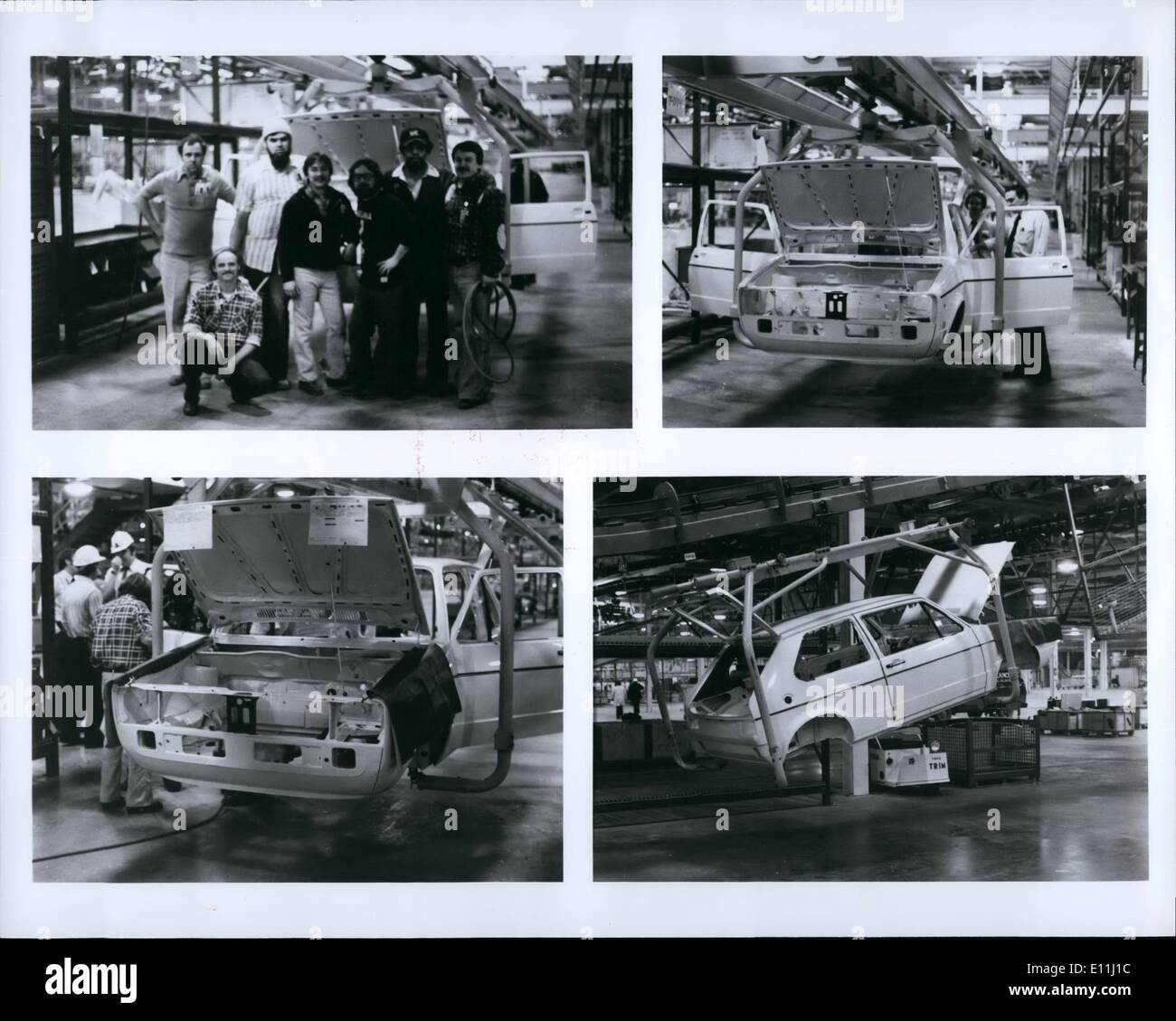 Apr. 04, 1978 - ''Job One'' - Shell of first regular production series Volkswagen Rabbit ever assembled in the United States begins trip along the nearly mile and a half long trim and final assembly line after being painted in Volkswagen Westmoreland's second floor paint shop. First trim department employees to work on ''job one'' strike a ''we did it'' pose in photo at upper left. At lower right, the body shell is lifted so that plant traffic can pass below as it makes a U-turn to travel down another length of the snake-like trim line. Stock Photo