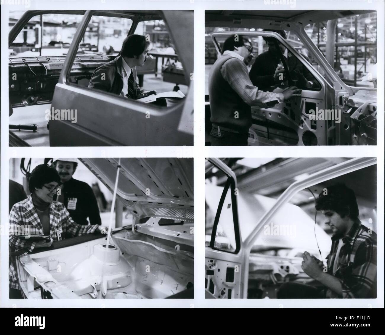Apr. 04, 1978 - Some Faces of VM Westmorleand: Technicians, inspectors and production workers are shown on the job at Volkswagen Westmoreland, VW' first assembly plant in the United States. Technician (above left) checks dimensions of partially completed VW Rabbit body shell using computer and probe equipped quality control device, the only one of its kind in the United States Stock Photo