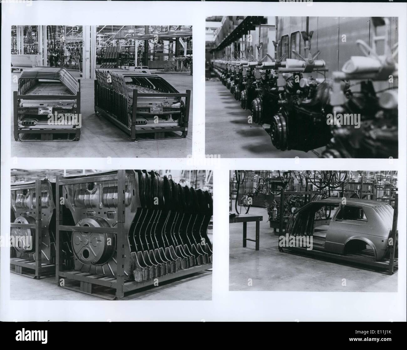 Apr. 04, 1978 - Car-makers Patterns -- Series of photos made at Volkswagen Westmoreland show some of the 5,400 parts that go into the making of every VW Rabbit. Upper left shows Rabbit front doors while other sheet metal sub assemblies waiting for their rode on the body shop's nearby merry-go-round framing line include rear floor and side panels. Photos at upper right shows Rabbit engines being moved to another carousel-like line on which they are ''run in'' before mated with four-speed transmissions near the pant's final assembly line. Stock Photo