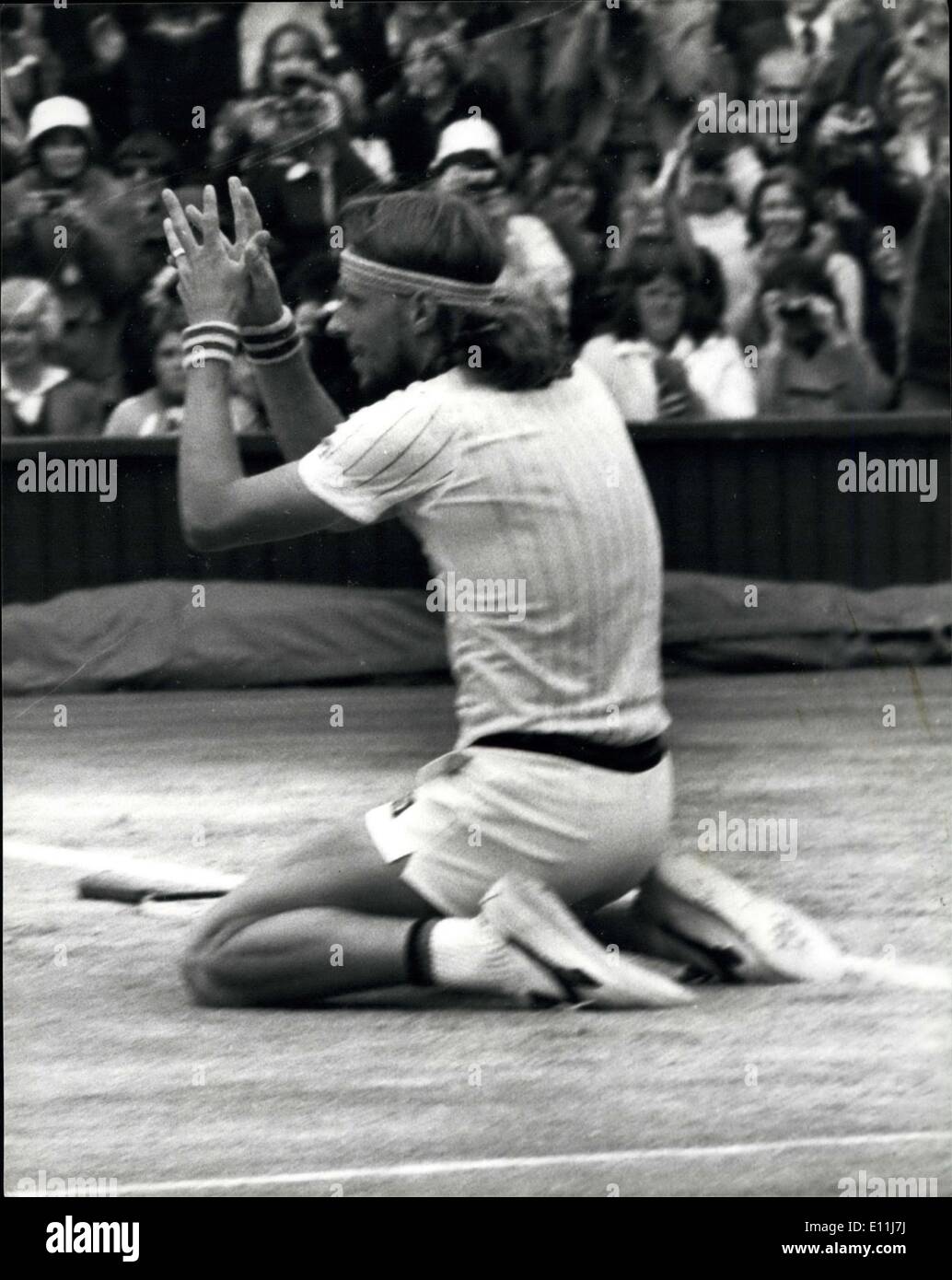 Jul. 08, 1978 - Bjorn Borg wins the Men's singles title for the third time running: Bjorn Borg of Sweden won the men's singles title on the centre court at Wimbledon today when he beat Jimmy Connors of America 6-2 6-2 6-3. This equals the record held by Fred Perry of winning the singles title three years in a row. Photo shows Bjorn Borg goes down on his knees and prays after beat Jimmy Connors at Wimbledon today. Stock Photo