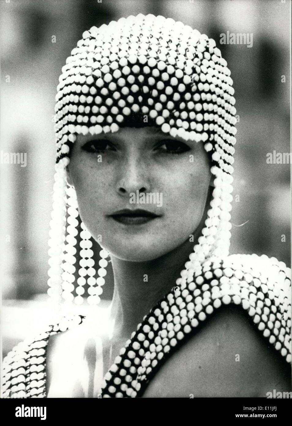 Aug. 02, 1978 - This ravishing headdress made of pearls crocheted together is a new creation by Parisian clothing designer Paco Stock Photo