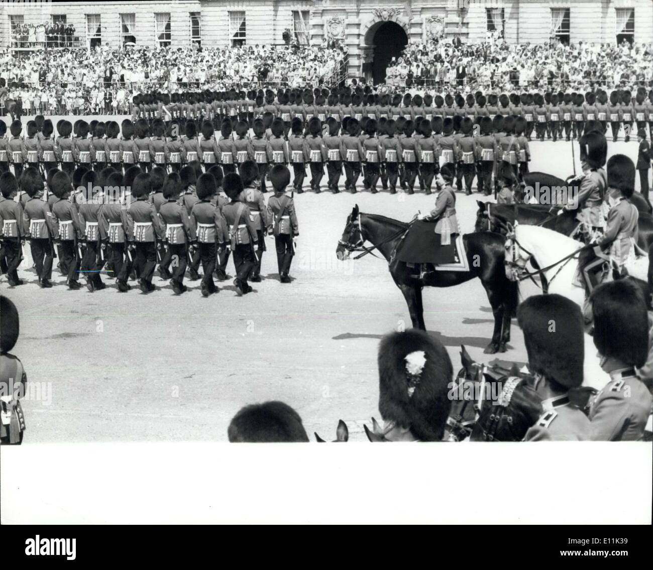 Jun. 03, 1978 - Trooping the colour ceremony: The annual Trooping the Colour Ceremony took place today to mark the official birthday of H.M. The Queen on Horse Guards Parade. The Colour Trooped was that of the 2nd Battalion Grenadier Guards. Photo shows Queen Elizabeth 11 on her horse 'Burmese' watches the march past during the Trooping the Colour Ceremony on Horse Guards Parade today. Stock Photo