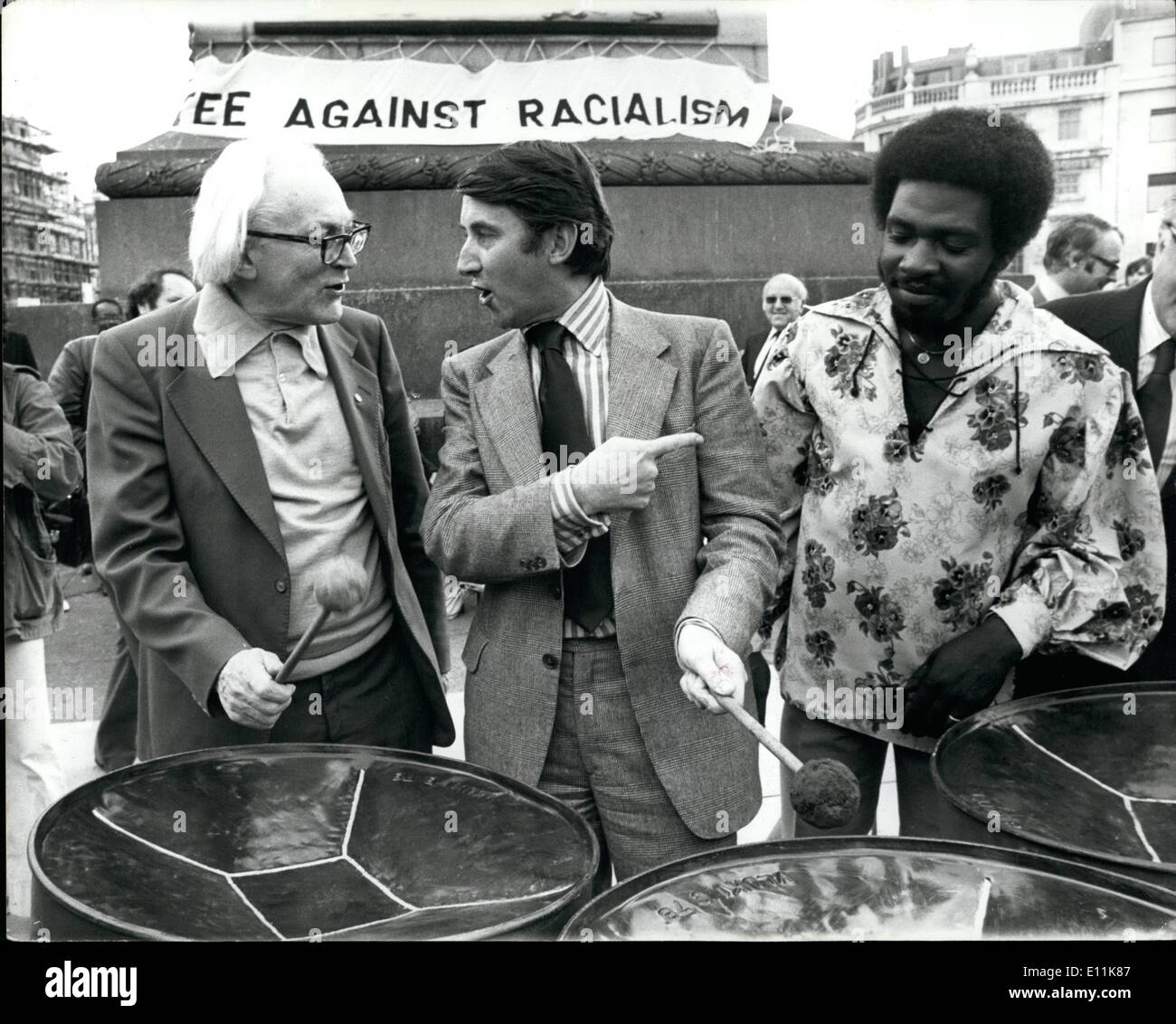 Sep. 09, 1978 - Mass Rally in Trafalgar Square Against Racialism: A steel band bringing something of a revival of Lib-Lab harmony yesterday when Mr. Michael Font, Leader of the Commons, and Mr. David Steel, the Libaral Leader, provided a musical interlude in Trafalgar Square, where they addressed a mass rally organised by the joint Committee Against Racialsm, Stock Photo