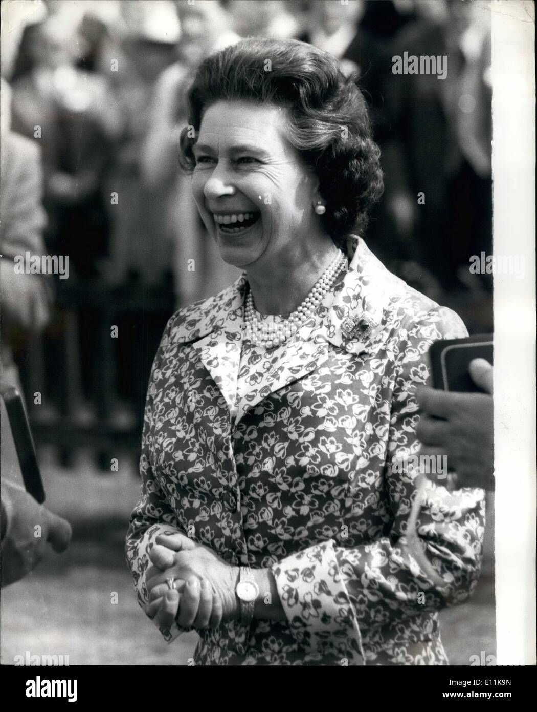 Jun. 06, 1978 - The Queen Watches Polo on Smiths Lawn Windsor: The Queen with other member of the Royal Family attended the Rothmans International Polo match on Smiths Lawn, Windsor Great Park yesterday. Photo shows The Queen in a happy mood when she presented awards to the winner of the Queen's Cup Stowl Park at Windsor yesterday. Stock Photo