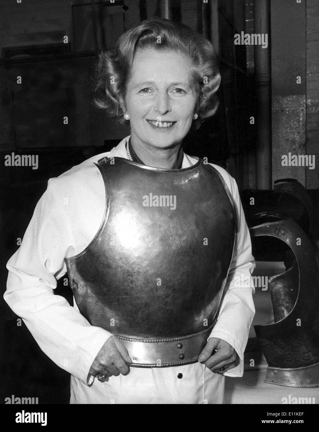 Sep 09, 1978; London, UK; Conservative leader Mrs. MARGARET THATCHER, the' Iron  Maiden', a nickname given to by the Russains, tried on a replica armoured  breastplate, made by apprentices at a Government