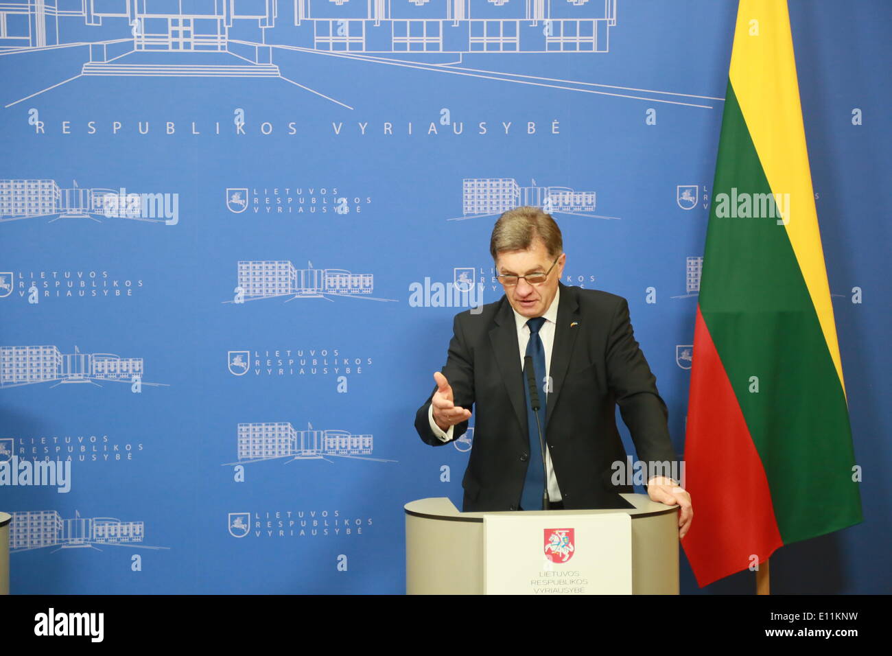 Vilnius, Lithuania. 21st May, 2014. Lithuanian Prime Minister Algirdas Butkevicius speaks during a press conference in Vilnius, Lithuania, May 21, 2014. Estonian Prime Minister Taavi Roivas met his Lithuanian counterpart and its president on Wednesday, discussing bilateral relations between the two countries, as well as energy and regional security issues. Credit:  Bu Peng/Xinhua/Alamy Live News Stock Photo