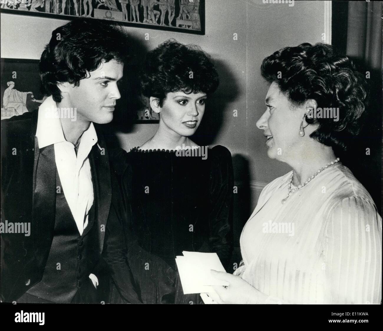 Jan. 01, 1979 - Princess Margaret Meets The Osmonds: Princess Margaret seen chatting to two members of the Osmonds, Superstar Family of Pop, Donny, 21 and Marie, 19, after last night's Royal Charity performance at the Royal Albert Hall, London in aid of the Horder Centres for Arthritics and the Sunshine Homes and Schools for Blind children. Stock Photo