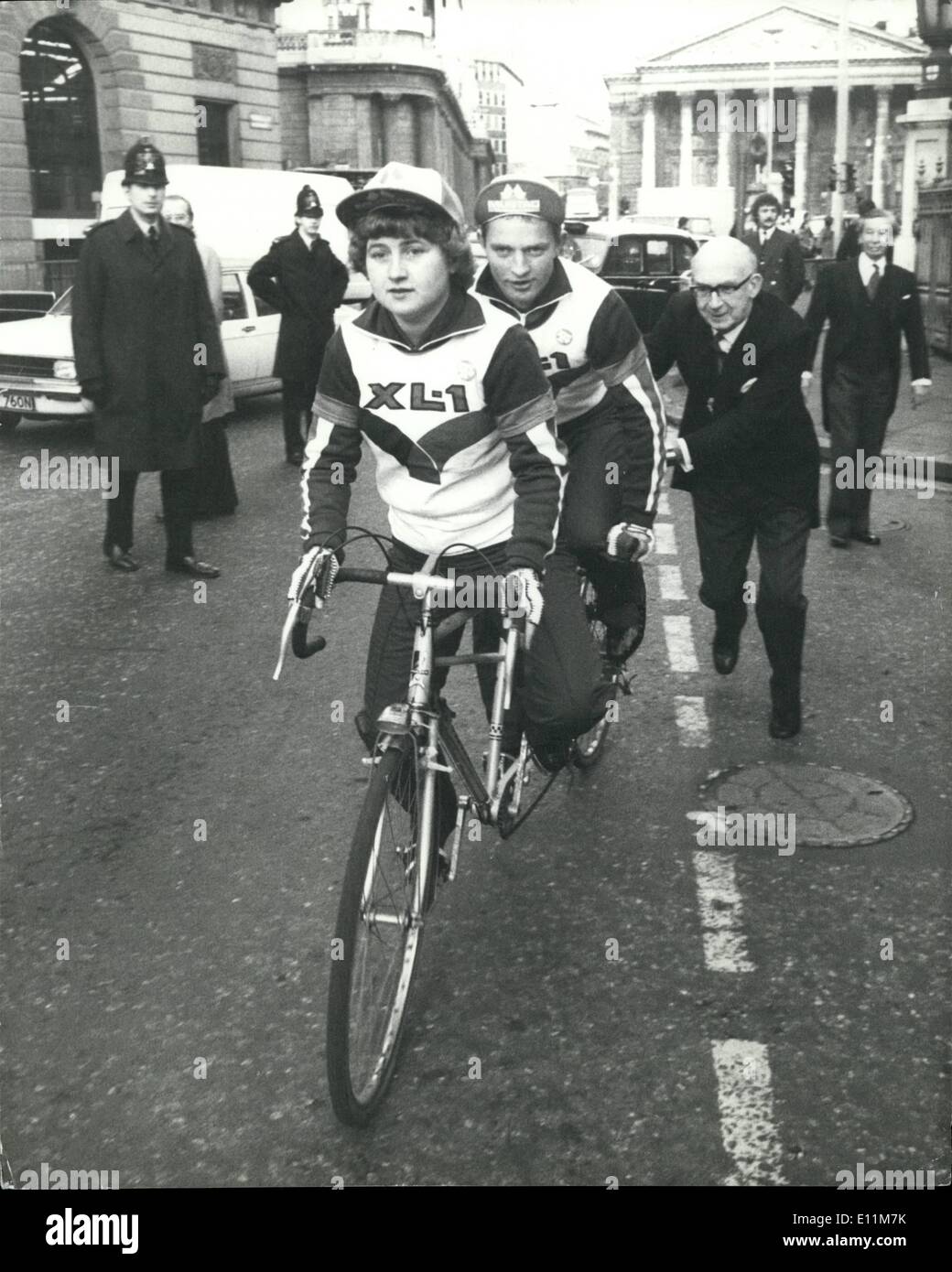 Feb. 02, 1979 - Around the World in 79 days by ' Biking Viking': The Lord Mayor of London Sir Kenneth Cork, launched ''The Biking Viking'', outside the Mansion House this evening They are 21-year-old Norwegian girl, Marit Voster, and her 25-year-old blind passenger, Tore Naerland, on their ''Around the World in 79 days on a bicycle built for two''. They will take the same routs as Phineas Fogg in Jules Verne's ''Around the World in 80 days'' . Their Journey will take them through France Stock Photo