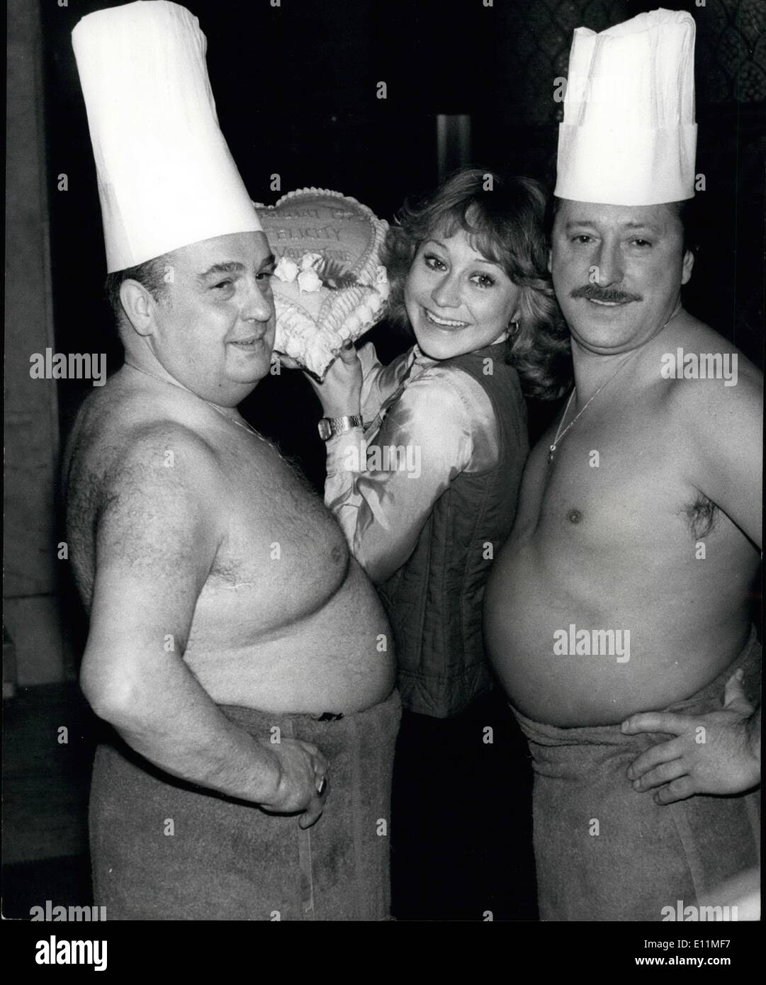 Feb. 02, 1979 - Good Life Star Felicity Kendall Visits Turkish Bath 'Good Life' Star Felicity Kendall, today made a visit the RAC club Turkish Bath in Pal Mall. To give special Valentine card and a message of encouragement to three overweight top London Chefs about to embark on the British Heart Foundation's fifth nationwide annual sponsored slimming campaign. And while losing weight they hope to raise money for heart research, Participants in last year's campaign raised over 46,000 Stock Photo