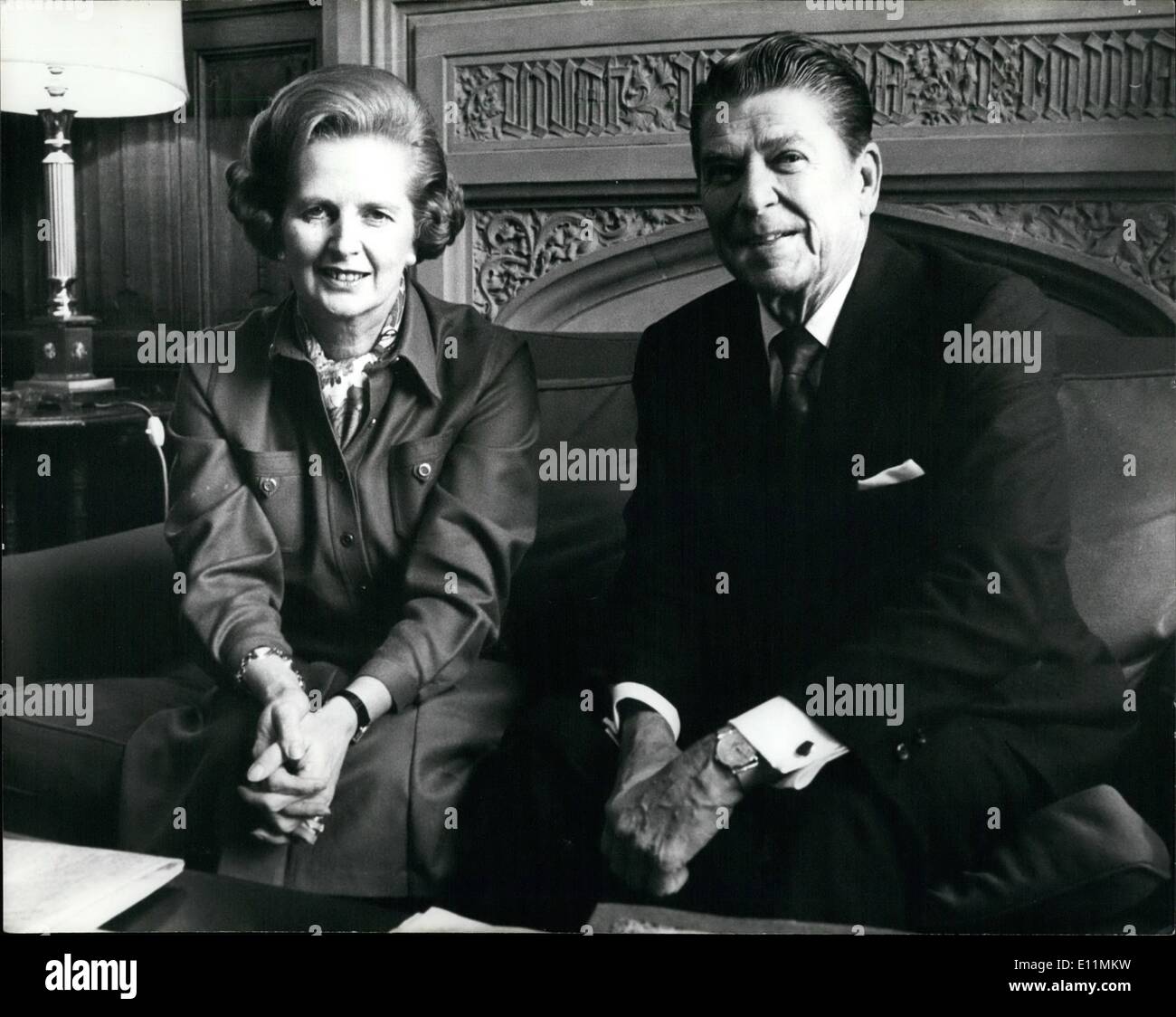 Nov. 11, 1978 - Ronald Reagan meets Mrs. Thacher: Ronald Reagan,67,former Governor of California, meeting Mrs. Margaret Thatcher at her office in the house of Commons yesterday. the one-time film star who challenge President Ford for the Presidential Republican nomination in 1976, is on a week- long tour of Europe, taking in London, Paris, Brussels, Bonn, Berlin and Munich. Stock Photo