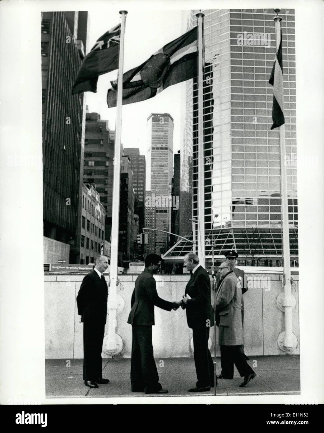 Dec. 12, 1978 - Flag Of Dominica Raised: The flag of Dominica was raised at a ceremony this afternoon in front of the delegates' entrance to United Nations Headquarters, following the country's admission as the 151st Member nation yesterday afternoon. The Secretary-General, Kurt Waldheim, welcomed Arlington Riviere, the representative of the people and Government of the Commonwealth of Dominica, the world's newest independent State, and expressed appreciation to the United Kingdom for its role as the Administering Authority, in encouraging and assisting in the country's peaceful transition Stock Photo