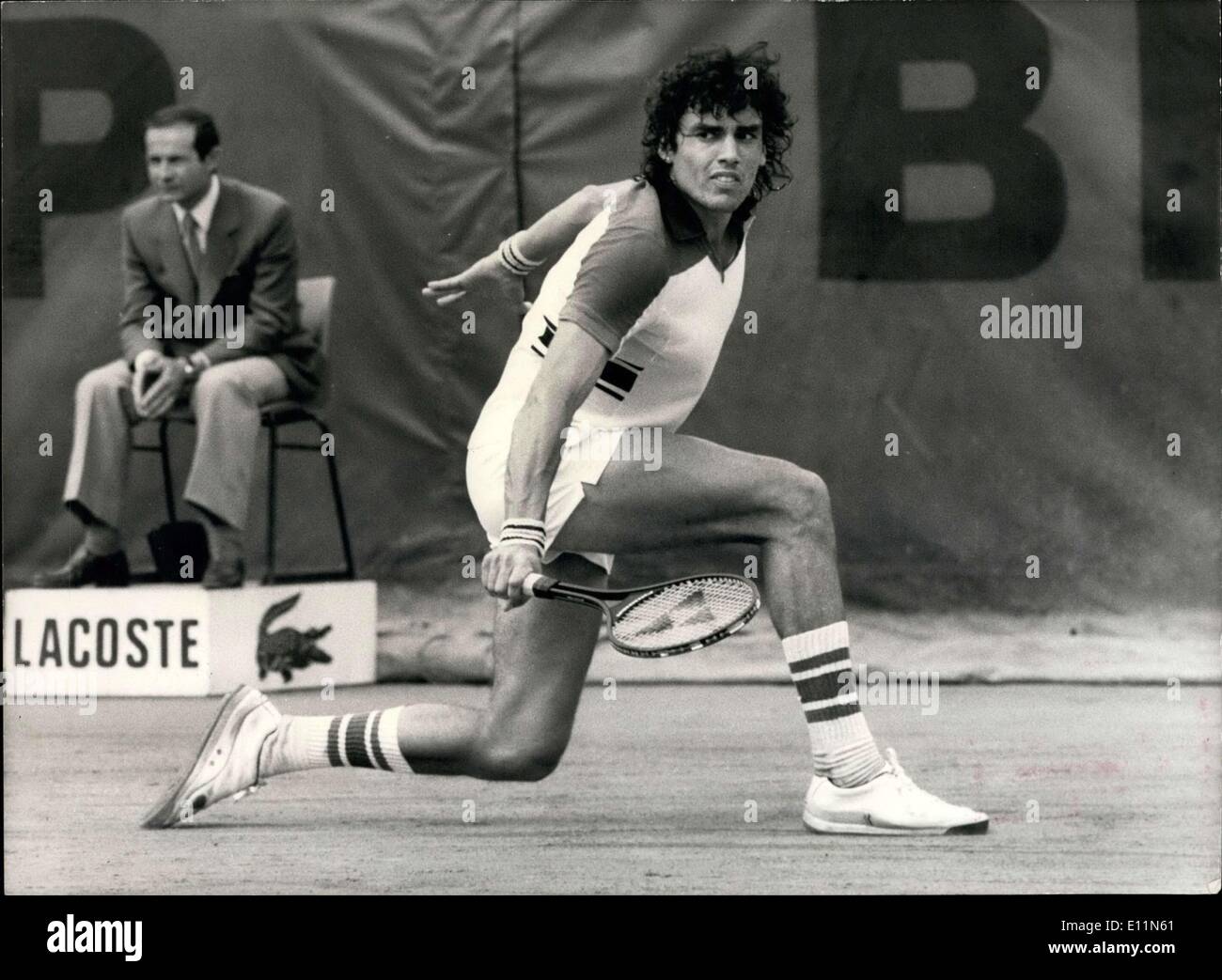 Jun. 10, 1979 - A Tennis World Champion was born at Roland-Garros Stadium in Victor Pecci from Paraguay, who, after having brilliantly triumphed over Vilas and over Connors, took on Bjorn Borg from Sweden in the finals at the French Open. Here is a picture of Victor Pecci in action. Stock Photo