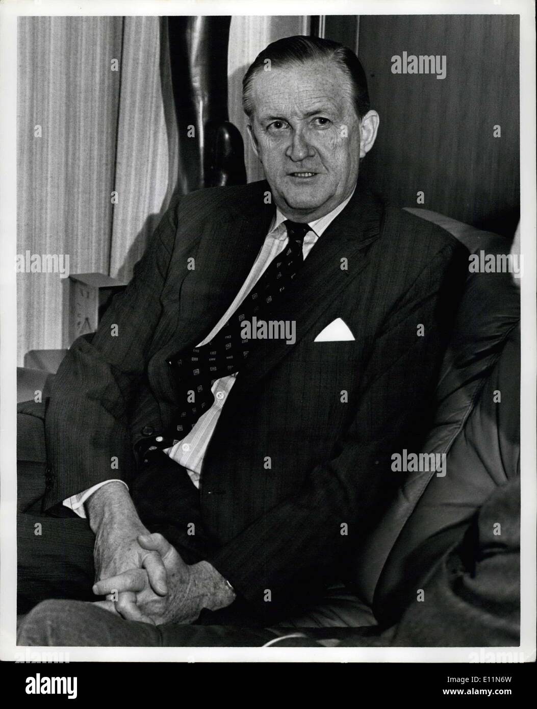 Jun. 20, 1979 - The Governor of Hong Kong Sir Murray MacLehose met with Secretary General Kurt Waldheim amid growing International concern of the South East Asian immigration problem. After the meeting Sir Murray MacLehose pointed out that there were already 56,000 Vietnamese refugee in Hong Kong and more were arriving at a rate of 24,000 a month. OPS: Sir Murray MacLehose during his meeting with the Secretary General. Stock Photo