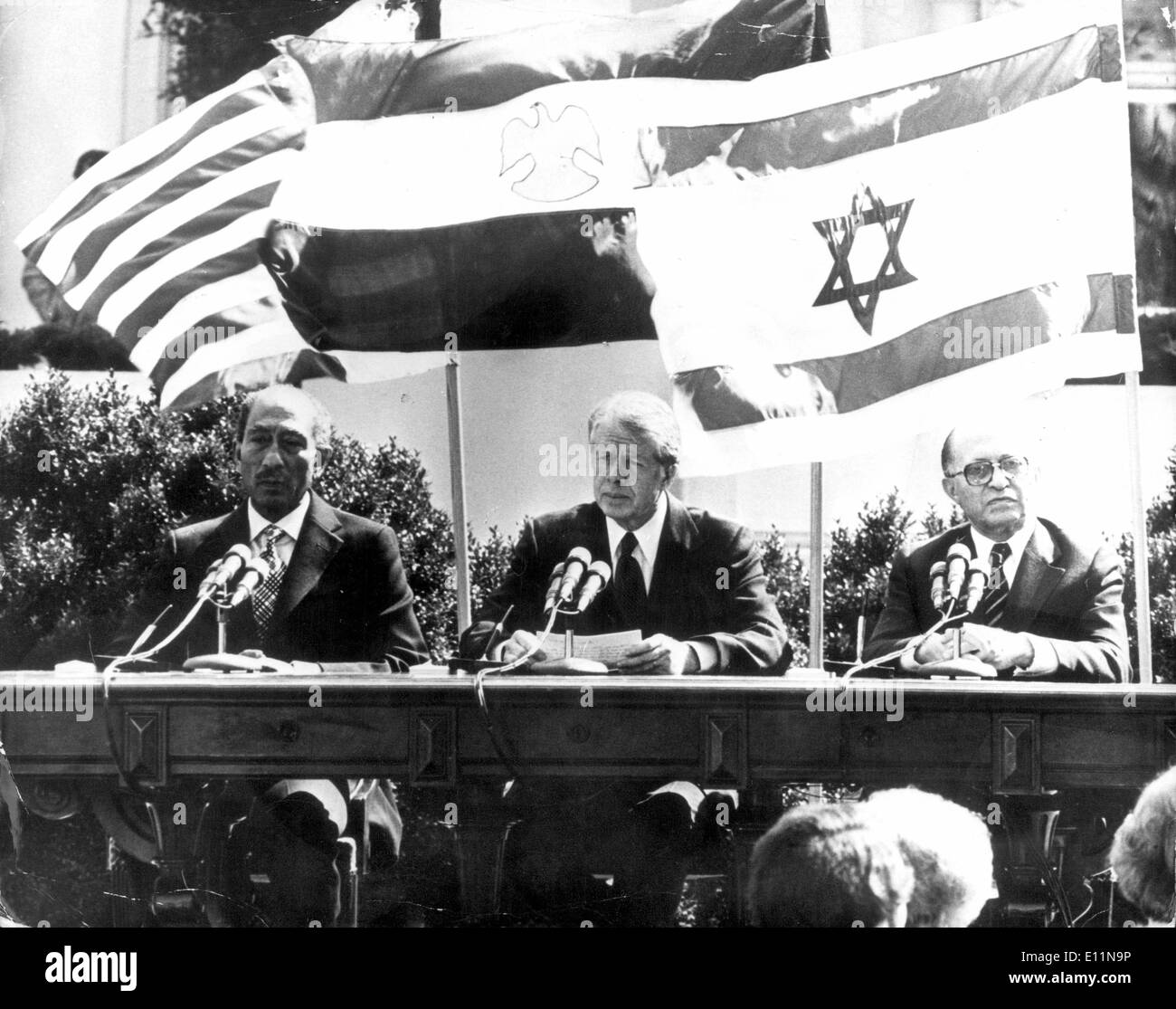 Egyptian President ANWAR AS SADAT, JIMMY CARTER and Israeli Prime Minister MENACHEM BEGIN Stock Photo