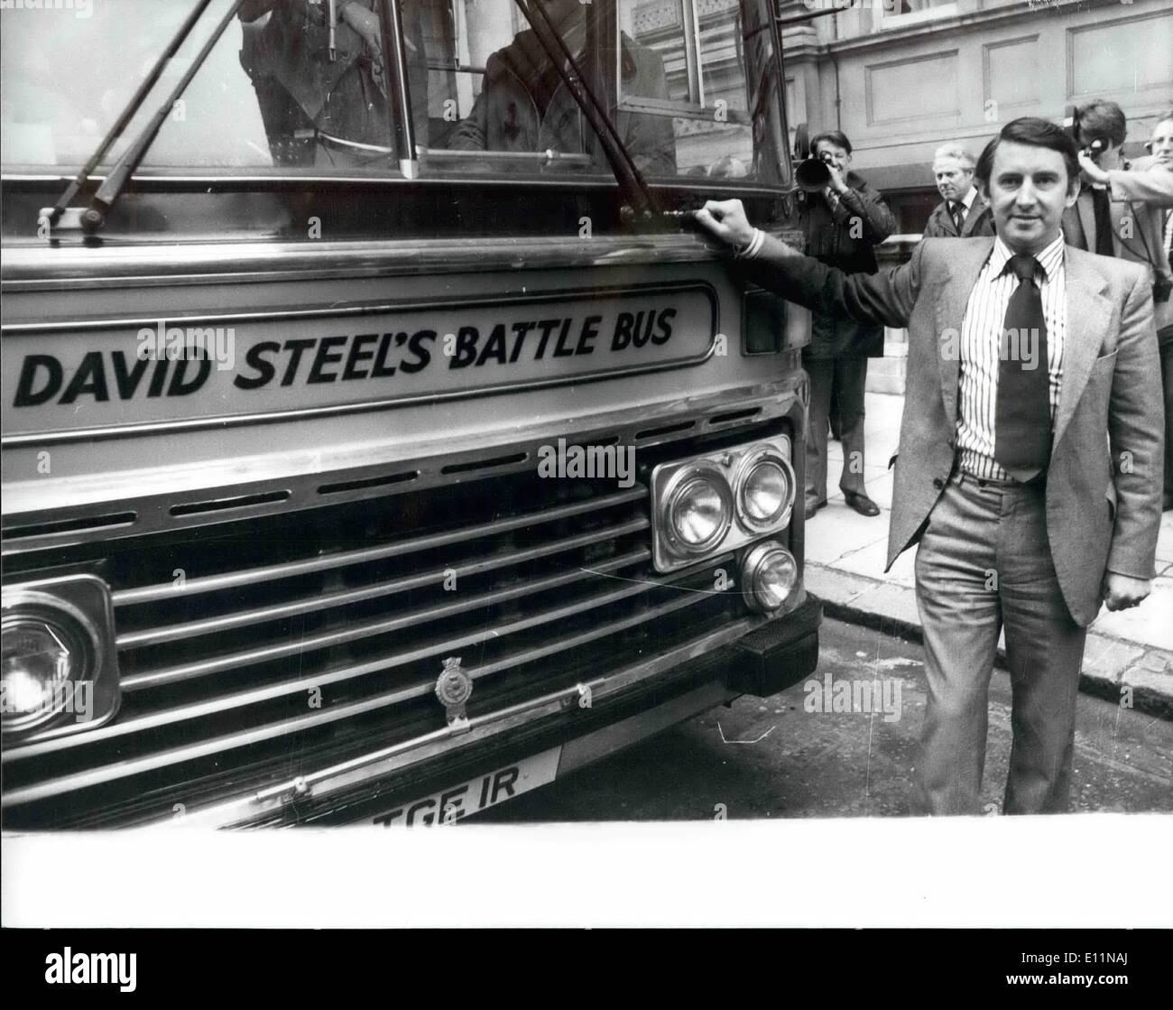 Apr. 04, 1979 - MR STEEL GOES INTO BATTLE. PHOTO SHOWS Liberal Party Leader Mr David Steel stands beside his General Election Battle coach outside the National Liberal Culb in Whitehall today. Stock Photo