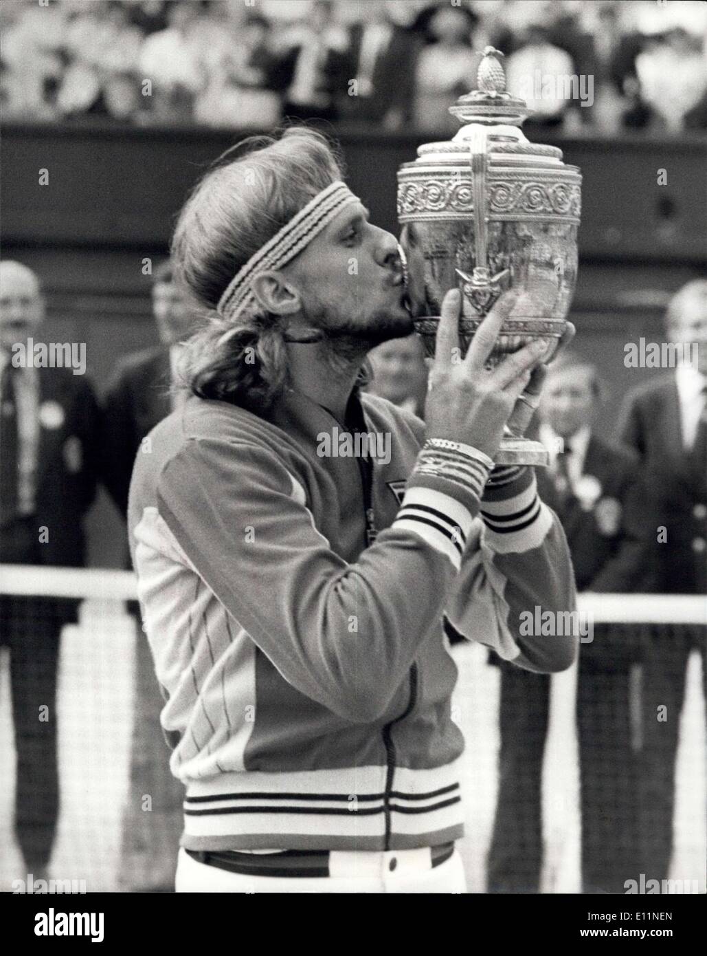 Jul. 07, 1979 - Bjorn Borg Wins His Fourth Successive Wimbledon Title Beating Roscoe Tanner In Five Sets: Today of the Centre Court at Wimbledon Bjorn Borg of Sweden won the Men's Singles title for the fourth Successive time when he beat the American Roscoe Tanner in five sets. Photo shows Borg kissing the trophy after winning the men's singles title once again on the centre court at Wimbledon today. Stock Photo