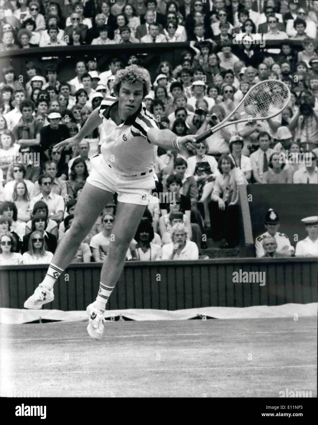 Jul. 07, 1979 - BJORN BORG WINS WIMBLEDON FOR THE FOURTH TIME IN A ROW Today on the Centre Court at Wimbledon, Bjorn Borg of Swedon, won the Men's Singles title for the fourth successive time when beating the American Roscos Tanner in five sets. PHOTO SHOWS: ROSCOE TANNER seen in action against Bjorn Borg on the centre court at Wimbledon today Stock Photo