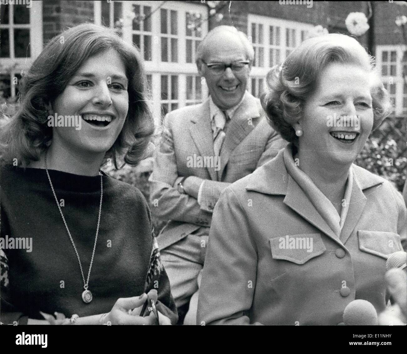 Apr. 04, 1979 - Mrs. Thatcher's daughter Carol back from Australia to help her mother: The Conservative leader Mrs. Thatcher outside her home with her husband Donie and their 23 year old Daughter Carol, a reporter on the Sydney Herald who has come back from Australia to lend a hand in her mother's Election Campaign. Stock Photo