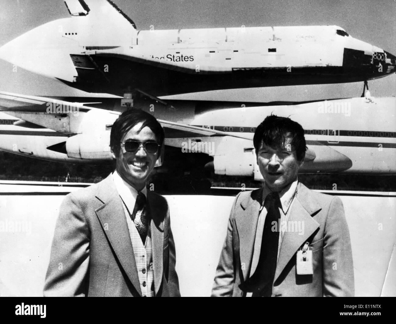 Astronauts Bob Crippen and John Young with shuttle Stock Photo