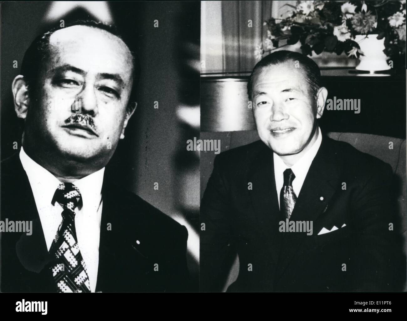 Jun. 06, 1979 - Which Is Ex-Premier Tanaka? Misleading enough, the answer is right. The person on left side is the ex-Prime Minister's double: Mr. Taizo Toyoshima. When the ''common'' premier was in power, undertaker Toyoshima, with his occupation laid aside, had a great good time, frequently appearing on TVs to fascinate the viewers by his stunning mimicry of Tanaka. Since Tanaka's resignation forced by the Lockheed scandal, his counterpart had kept away from showbiz, but recently he appeared again on TV program an showed off his talent to the great enjoyment of viewers. Stock Photo
