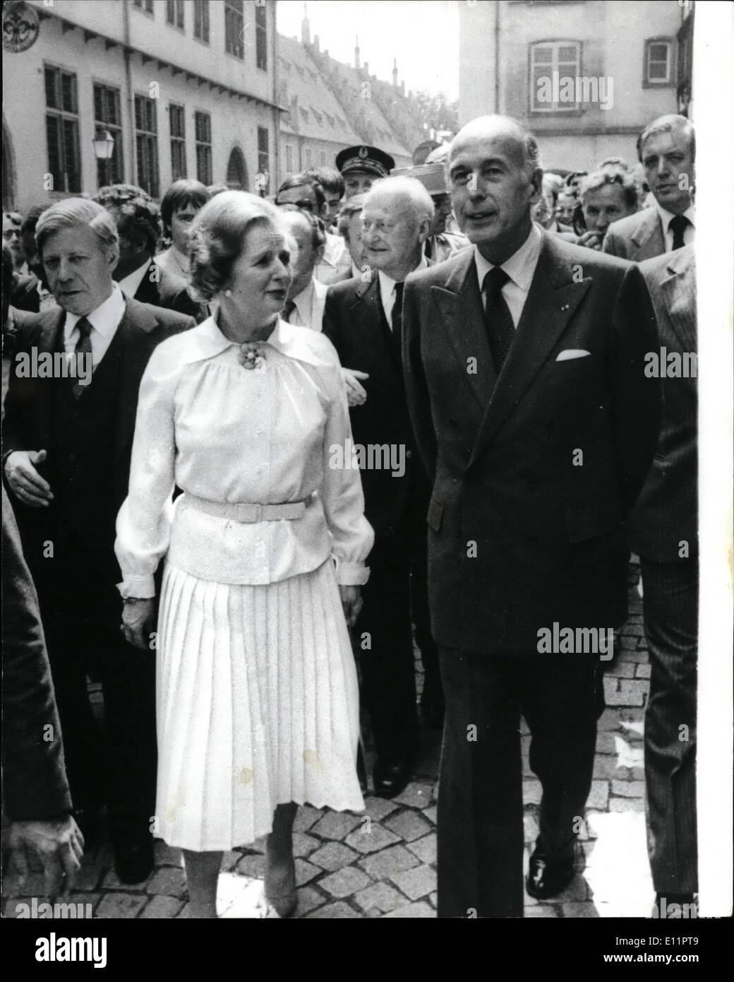 Jun. 06, 1979 - Maggie Thatcher In Strasboug: Prime Minister Maggie Thatcher seen during her walkabout yesterday with Chancellor Schmidt (left) and President Giscard, in Starabourg. She is there for a European Summit. Stock Photo