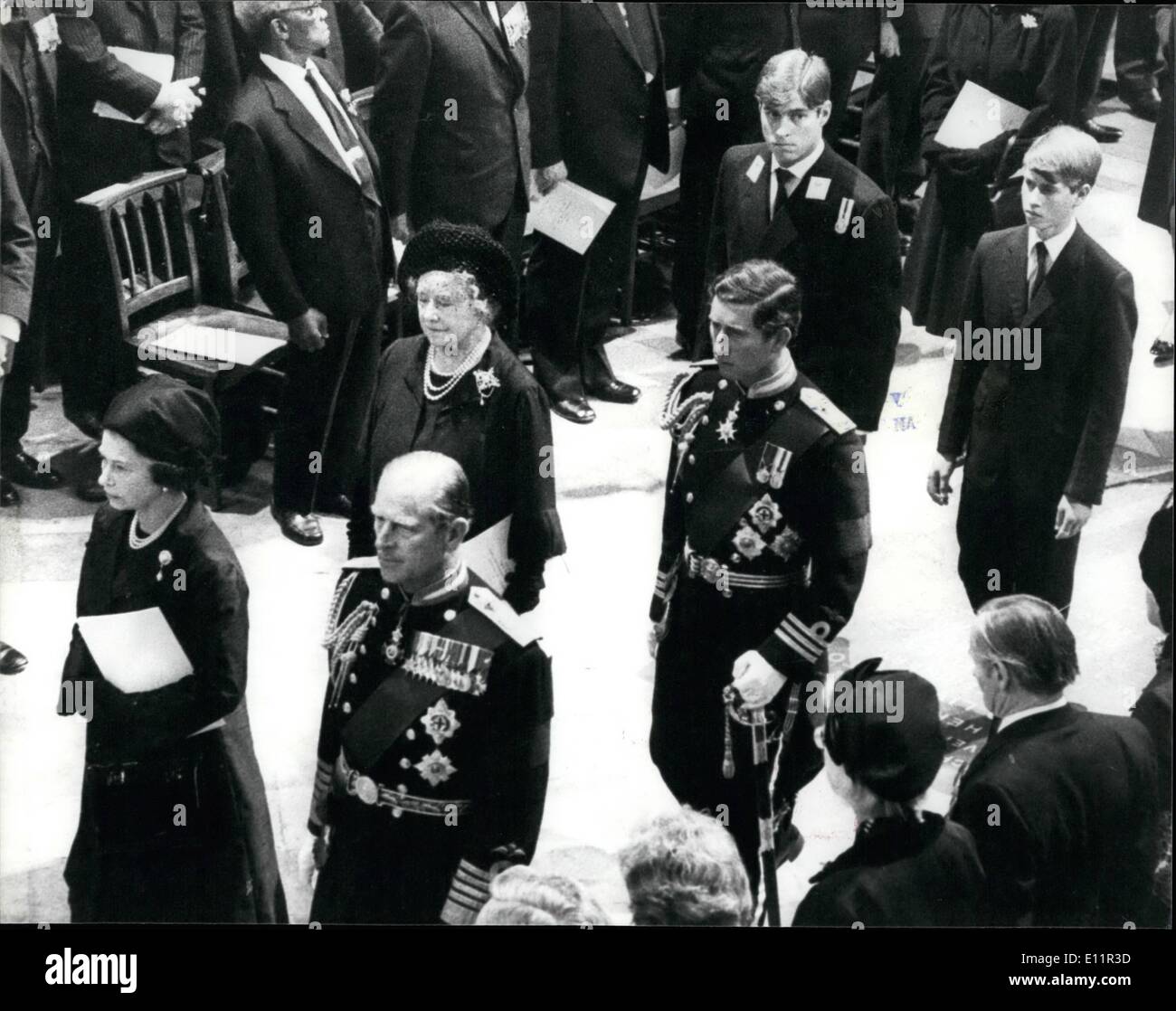 Sep. 09, 1979 - Funeral of Lord Mountbatten. H.M. The Queen and Prince Philip followed by Queen Elizabeth the Queen Mother, Prince Charles, Prince Andrew (wearing his naval uniform for the first time), and Prince Edward, as they arrived inside Westminster Abbey for the funeral. Stock Photo