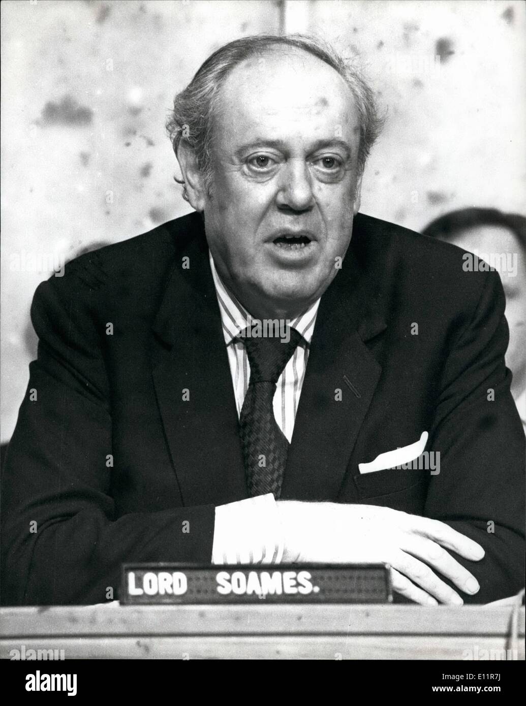 Dec. 12, 1979 - Lord Soames Holds Press Conference Lord Soames the new Governor of Zimbabwe Rhodesia, held a press conference this afternoon at the Government Press Center in London. Photo Shows: Lord Soames seen during his press conference today. Stock Photo