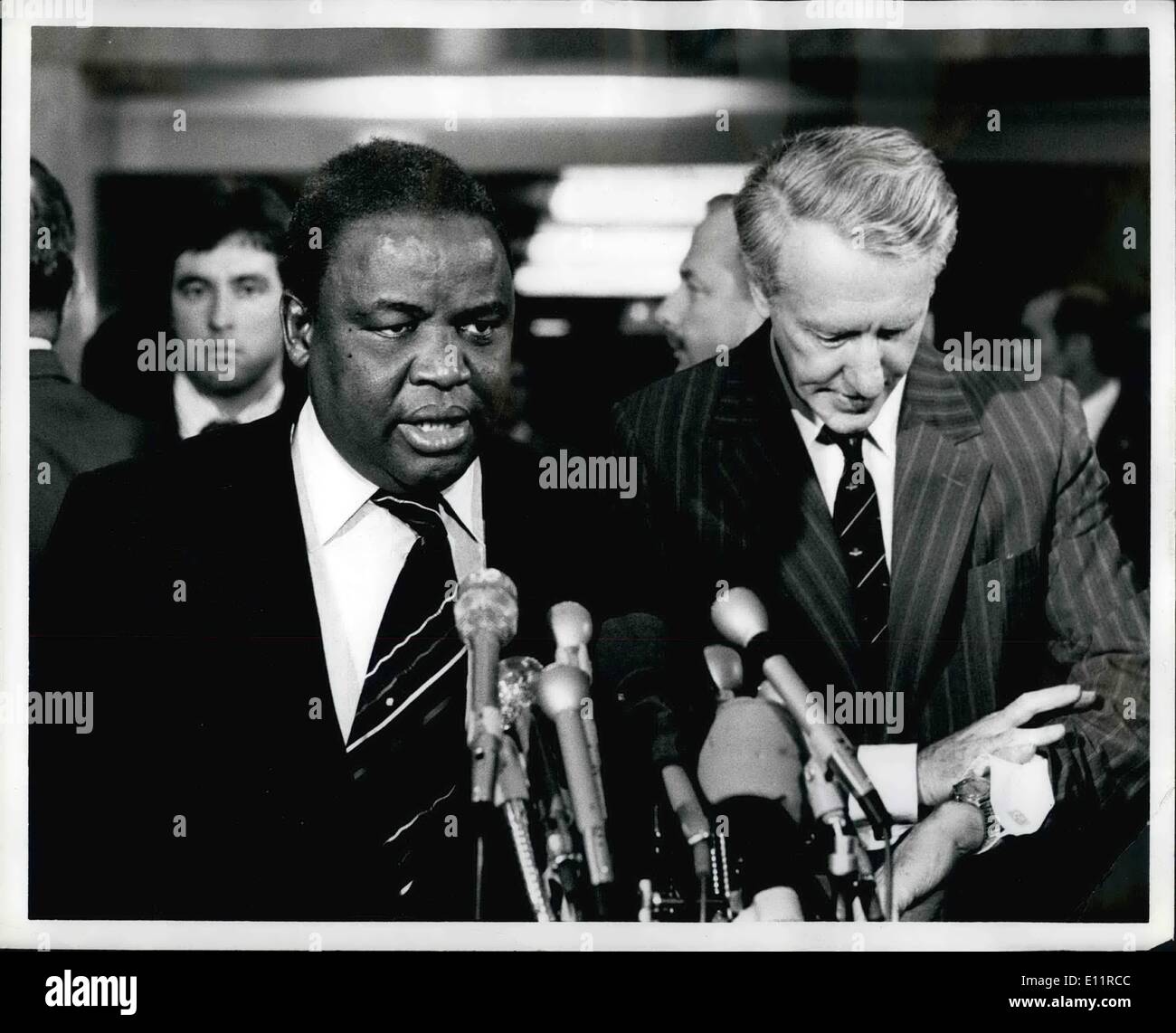 Oct. 10, 1979 - THE STATE DEPT. WASHINGTON D.C. Two of the Internal settlement Leaders, the Rev. Ndabaningi Sithole and Prime Minister IAN SMITH, met today with Secretary of State Cyrus Vance. Although they met with U.S. Secretary for nearly two hours. The U.S. Stated there was no change in American Policy Toward Rhodesia. O.P.S. left: Rev. Ndabaningi Sithole right: Prime Minister Ian Smith talking with reporters after their fruitless meeting at the State Dept. Stock Photo