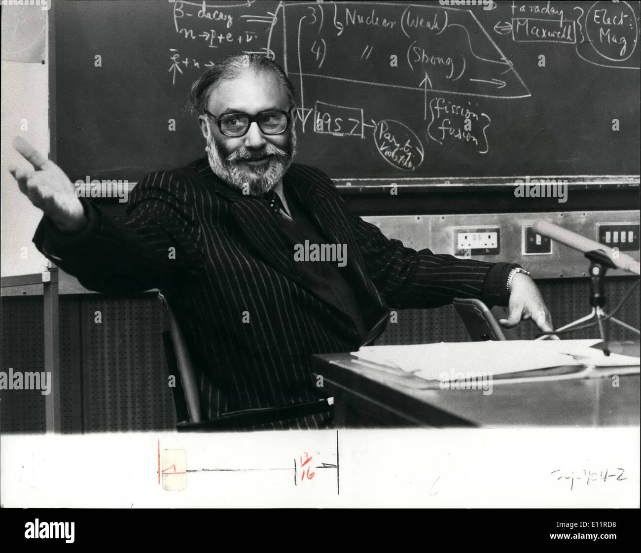 Oct. 10, 1979 - London Professor Abdus Salam win Nobel Prize: The Nobel Prize for physics has been award jointly to Imperial College of London, Professor Abdus Salam from Pakistan,and Americans Sheldon Glashow, and Steven Weinberg for their work in Electromagnetic Interaction between elementary particles. Photo shows Professor Abdus Salam joint winner, at the Imperial Collage of London today. Stock Photo