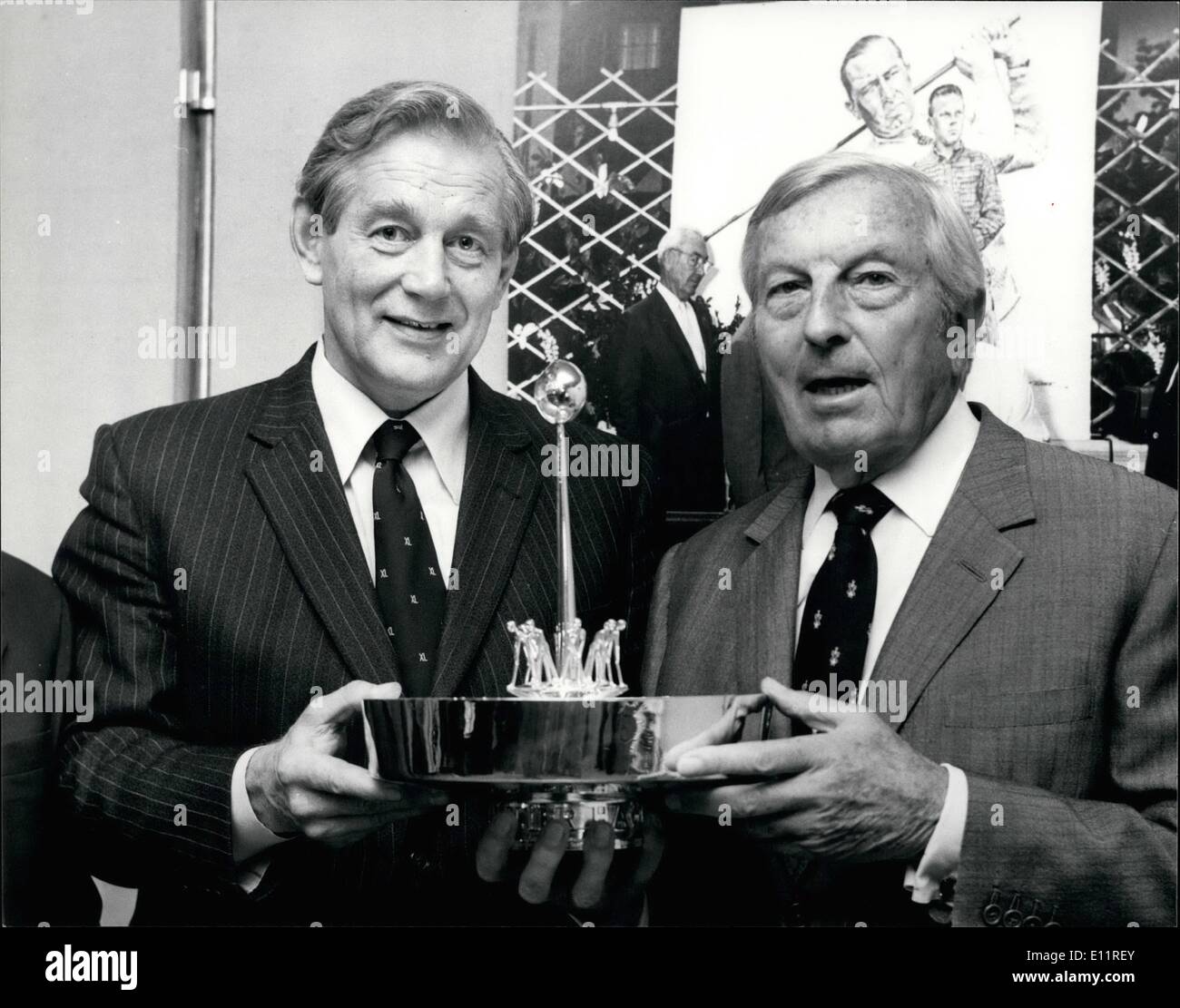 Oct. 10, 1979 - Henry Cotton Receives The 1979 Walter Hagen Award: At Simpson, Piccadilly today the world famous Golfer, Henry Cotton was presented with the 1979 Walter Hagen Award, by the Minister for Sport, Hector Monro. Henry Cotton has long been recognized as one of the game's most knowledgeable teachers and players. A three time winner of the British Open-in 1934, 1937 and 1948-The trophy is presented annually to an individual who has contributed to better golfing ties and friendship between Britain and America. This year Henry is co-winner with Roberto de Vicenao Stock Photo