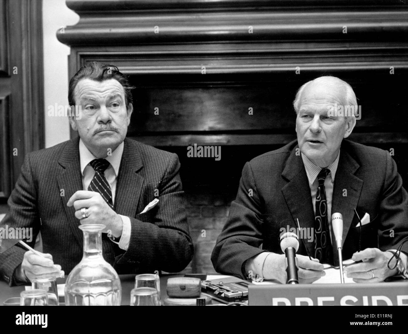 Jan 05, 1980; Paris, France; During a press conference in Paris, the President of the Parlamentary Assembly of the Eurpean Council, announced that the situation in Afghanistan at the winter session of the Parlamentary Assembly of the European Council in Strasbourg. The picture shows Mr. HANS J. DE KOSTER (R) and French Representant JACQUES BAUMEL, during the press conference. Stock Photo