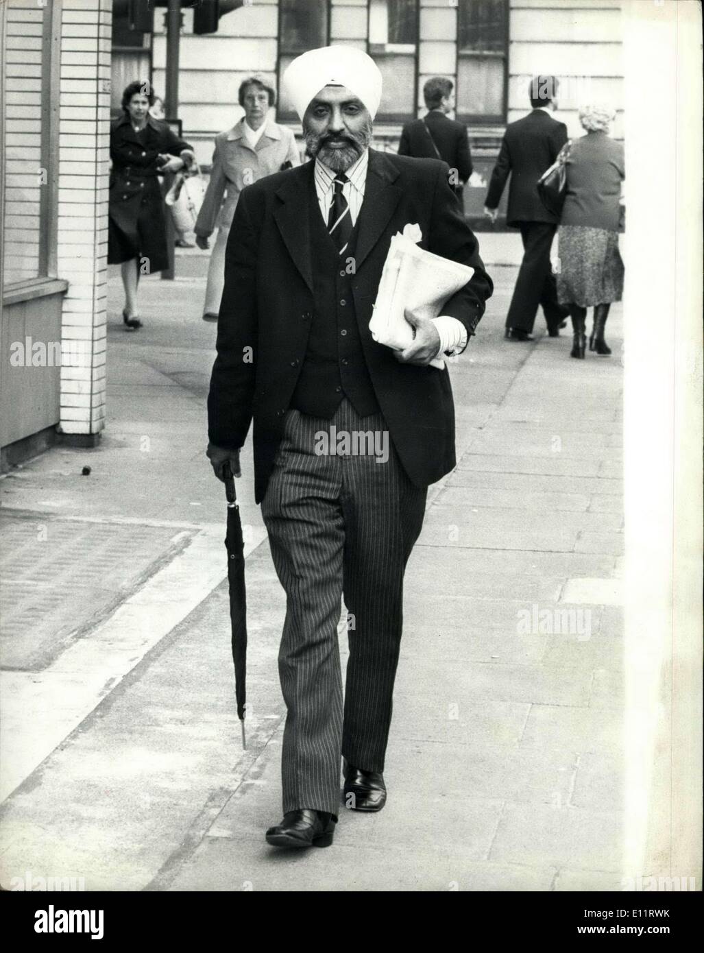 Oct. 16, 1979 - Britain's First Sikh Judge Mr Recorder Mota Singh, QC has just been sworn in as Britain's first Sikh judge-indeed, the first immigrant from the new commonwealth to set foot on the British judicial ladder. And for the first time a British judge will wear a turban instead of a wig. Born in Nairobi 49 years ago, he is product of Kenya's Asian middle class. Photo Shows: Mr Mota Singh walking in London yesterday just like a typica; English gentleman. Stock Photo