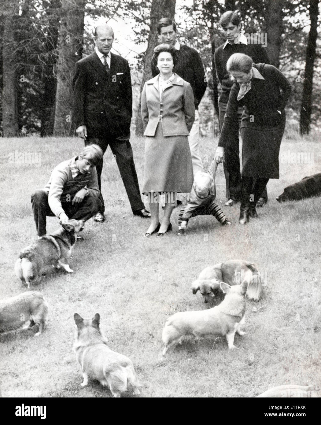 Queen Elizabeth II and family play with the dogs Stock Photo