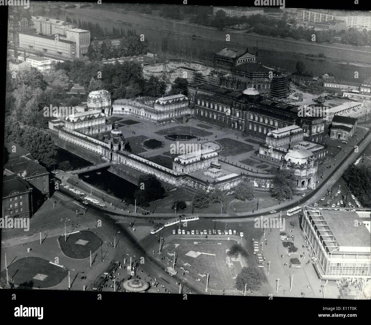 Jan. 30, 1980 - Dresden is again a world metropolis of art. From a bird's perspective we can see the Dresden Zwinger (1711-1728) and the Sempel Opera(1871-1878). Both were severely damaged during World War II. The Zwinger is now shining again and reconstruction on the opera house is currently in full swing. The opera house reconstruction should be completed by 1983. Stock Photo