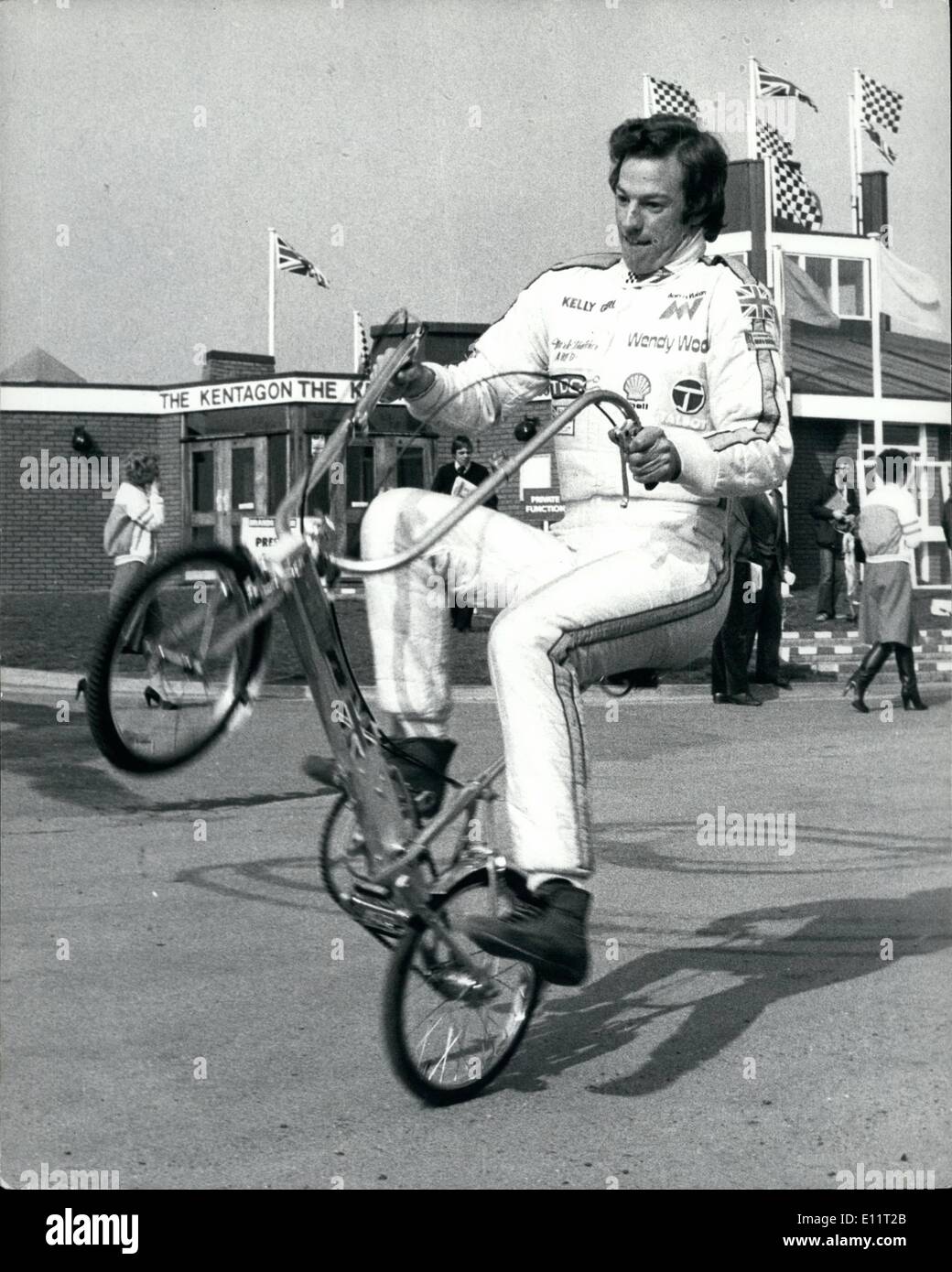Feb. 02, 1980 - Stunt rider Mark:MARK THATCHER began his motor racing career with a bit of stunt riding on a bike, this was after the prime minister Championship at Brands Hatch next month. For the rest of the season he will compete in the special Formula Talbot single-seater race events. Photo shows Mark Thatcher seen during stunt cycle riding at Brands Hatch in Kent yesterday. Stock Photo