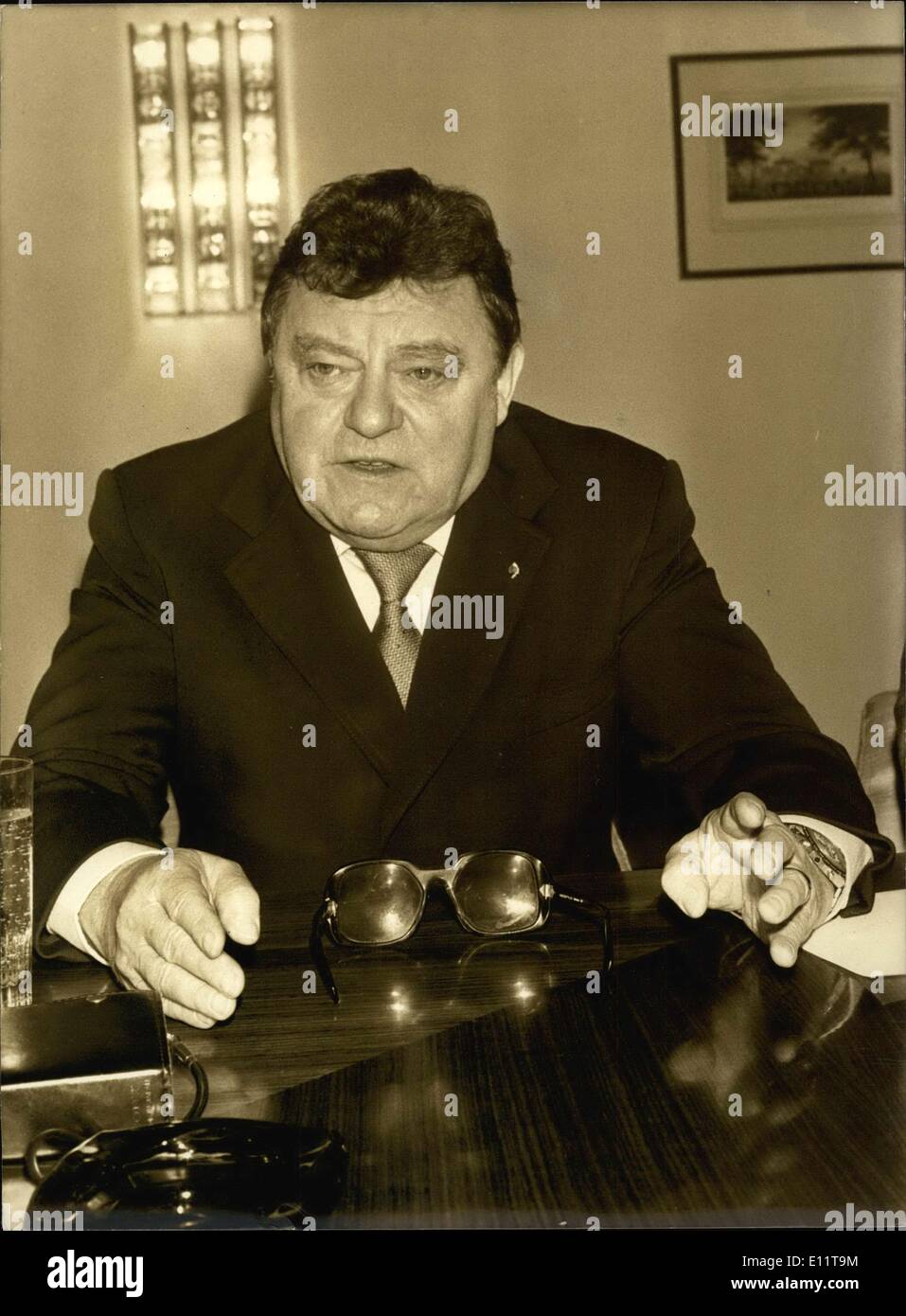 Feb. 13, 1980 - After having to meet the Senate President, Prime Minister Raymond Barre, the Minister of Foreign Affairs, and the President of the National Assembly in Paris, Mr. Franz Josef Strauss the Minister President of Bavaria , held a press conference in Paris. Stock Photo