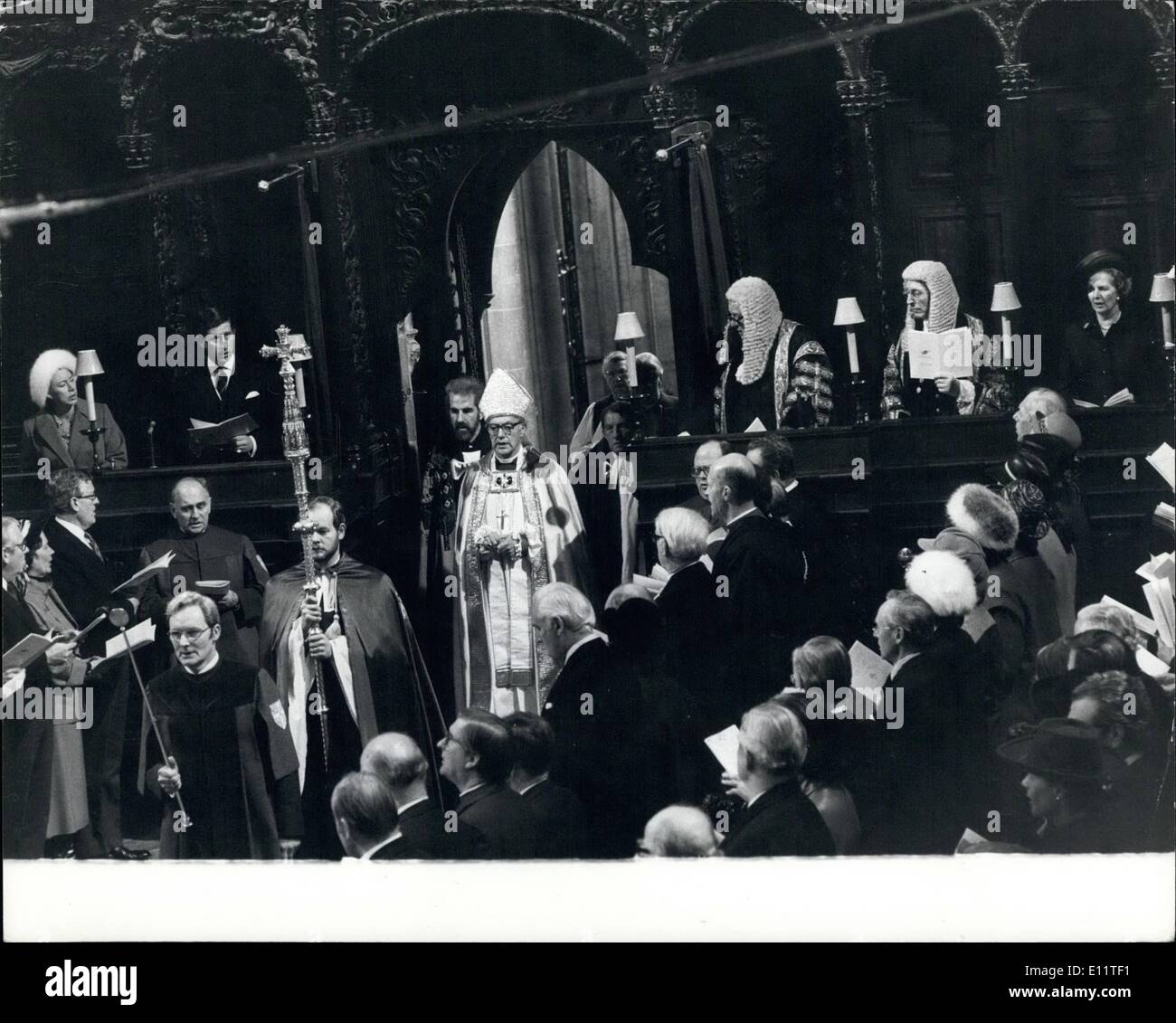 Mar. 03, 1980 - Archbishop Runcie enthroned in ancient splendour at Canterbury Cathedral; The 102nd Archbishop of Canterbury Robert Runcie, wlaks in procession in Canterbury Cathedral, watched by Prince Charles and Princess Margaret, Lord Hailsham, lord chancellor, the speaker of the House of Commons, Rt Hon George Thomas, and next to him is the Prime Minister Mrs Margaret Hatcher during the enthronement ceremony. Stock Photo