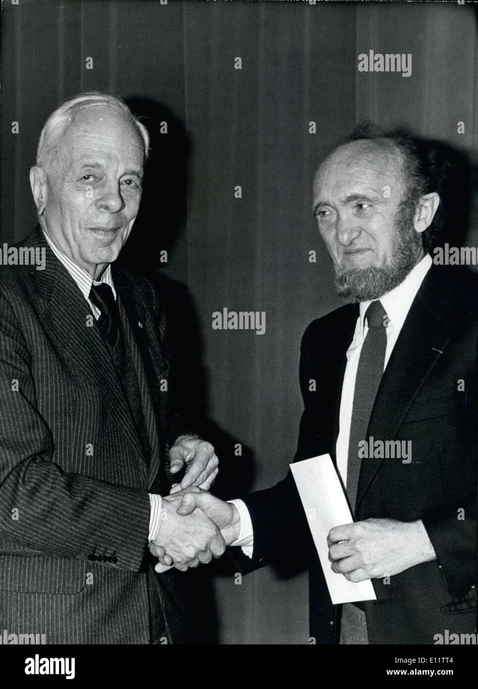 Mar. 25, 1980 - Albert Jacquard (right) receives France Foundation's Scientific Prize in 1979 from Jean Bernard, President of France Foundation's Scientific Committee, in Paris. Stock Photo