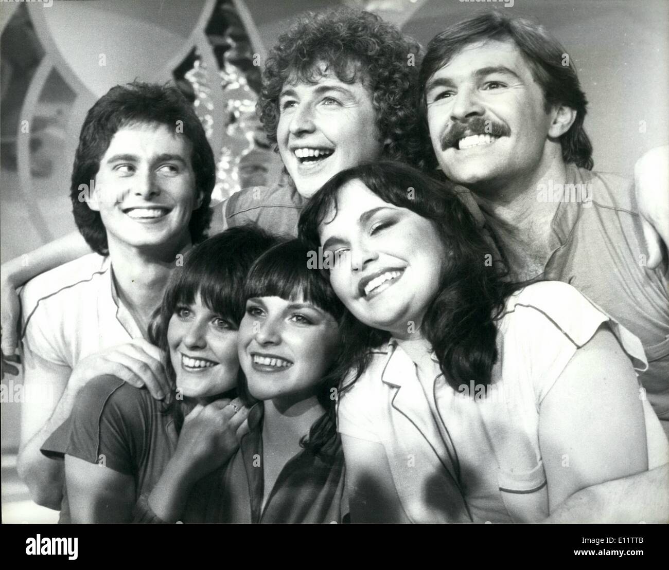 Mar. 27, 1980 - March 27th 1980 Love Enough for Two to represent Britain in Eurovision song contest at the Hague. Love Enough for Two was the winner from the twelve Ã¢â‚¬ËœA Song for Europe' contest held at the BBC Television Theatre, in London last night. The group who sang the song are called Prima Donna, they are Danny Finn, a former member of the New Seekers, Alan Coates, Lanos Aston, The Robbins sisters, Kate and Jane, and Sally Triplett, and they will represent Britain at the Eurovision Song Contest in Holland on April 19th Stock Photo