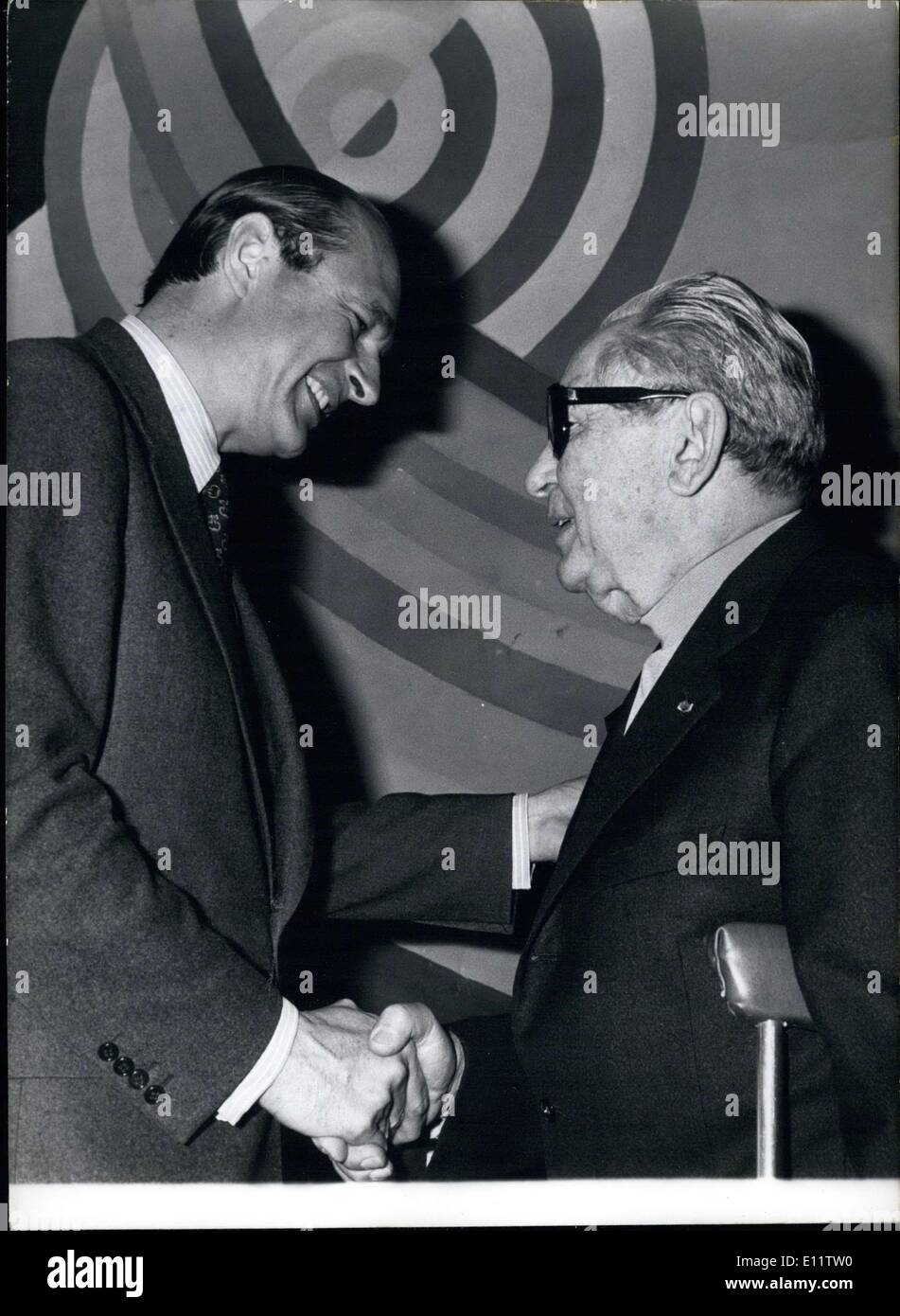 Apr. 04, 1980 - Jacques Chirac gave the famous painter Hans Hartung the Vermeil Medal at the opening of his exposition at the Modern Art Museum in Paris. Stock Photo