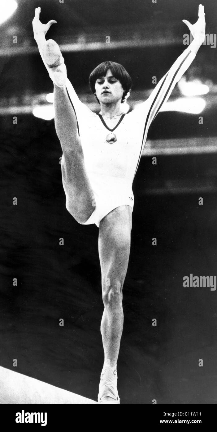 Gymnast Nadia Comaneci competes in Olympic Games Stock Photo